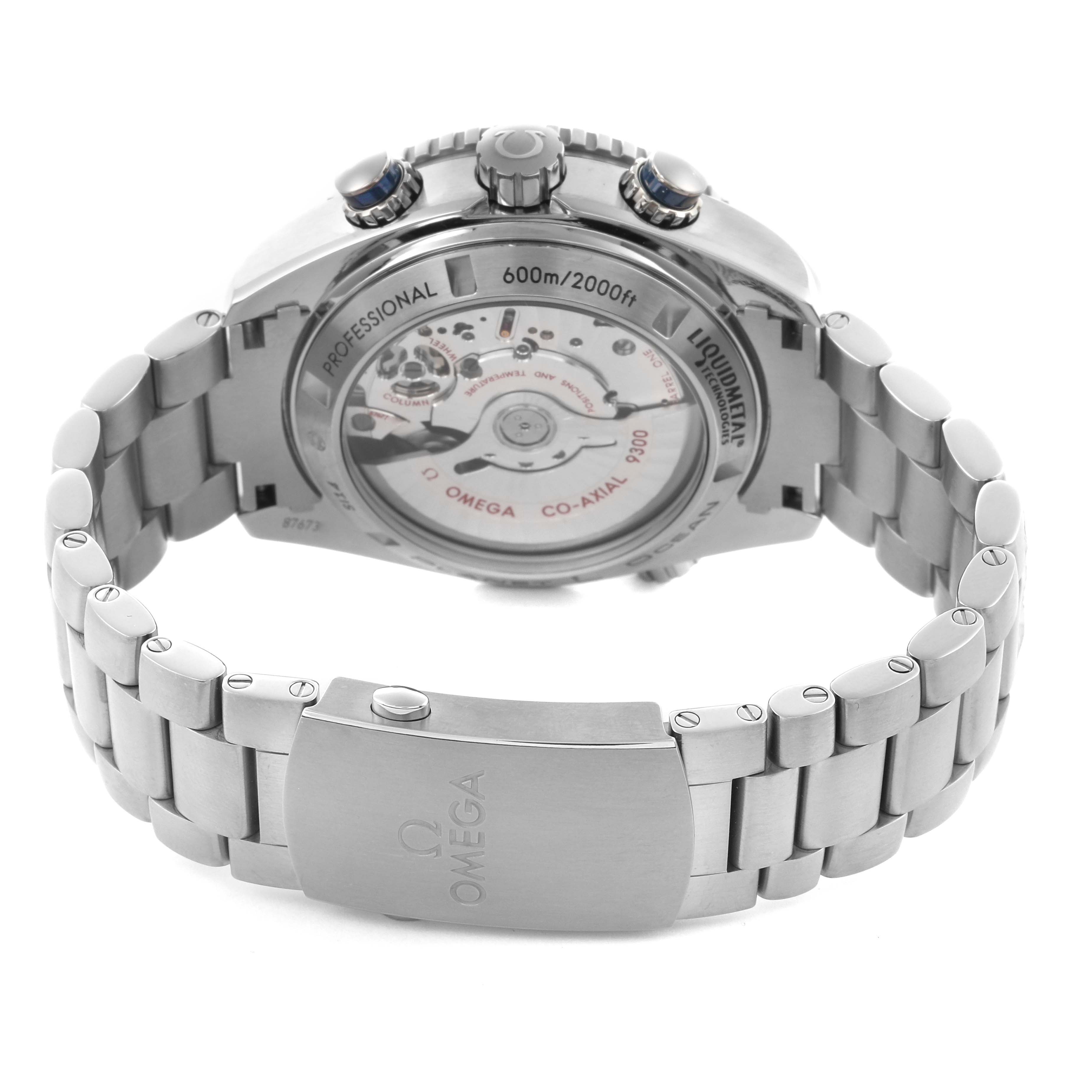 The Omega Planet Ocean 232.90.46.51.03.001 Men's Stainless Steel Blue Dial 232.90.46.51.03.001 Men's Stainless Steel Blue Dial watch is shown from the back, displaying the transparent case back and part of the bracelet.