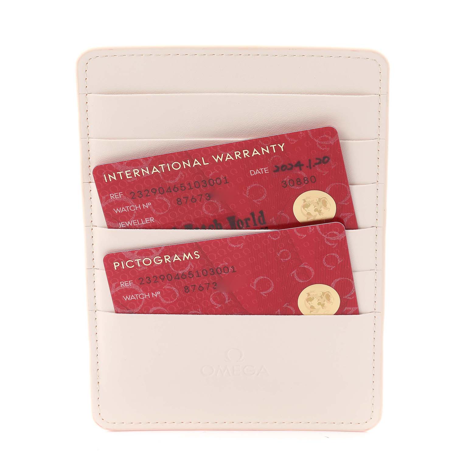 The image shows international warranty and pictogram cards for the Omega Planet Ocean 232.90.46.51.03.001 Men's Stainless Steel Blue Dial 232.90.46.51.03.001 Men's Stainless Steel Blue Dial model.