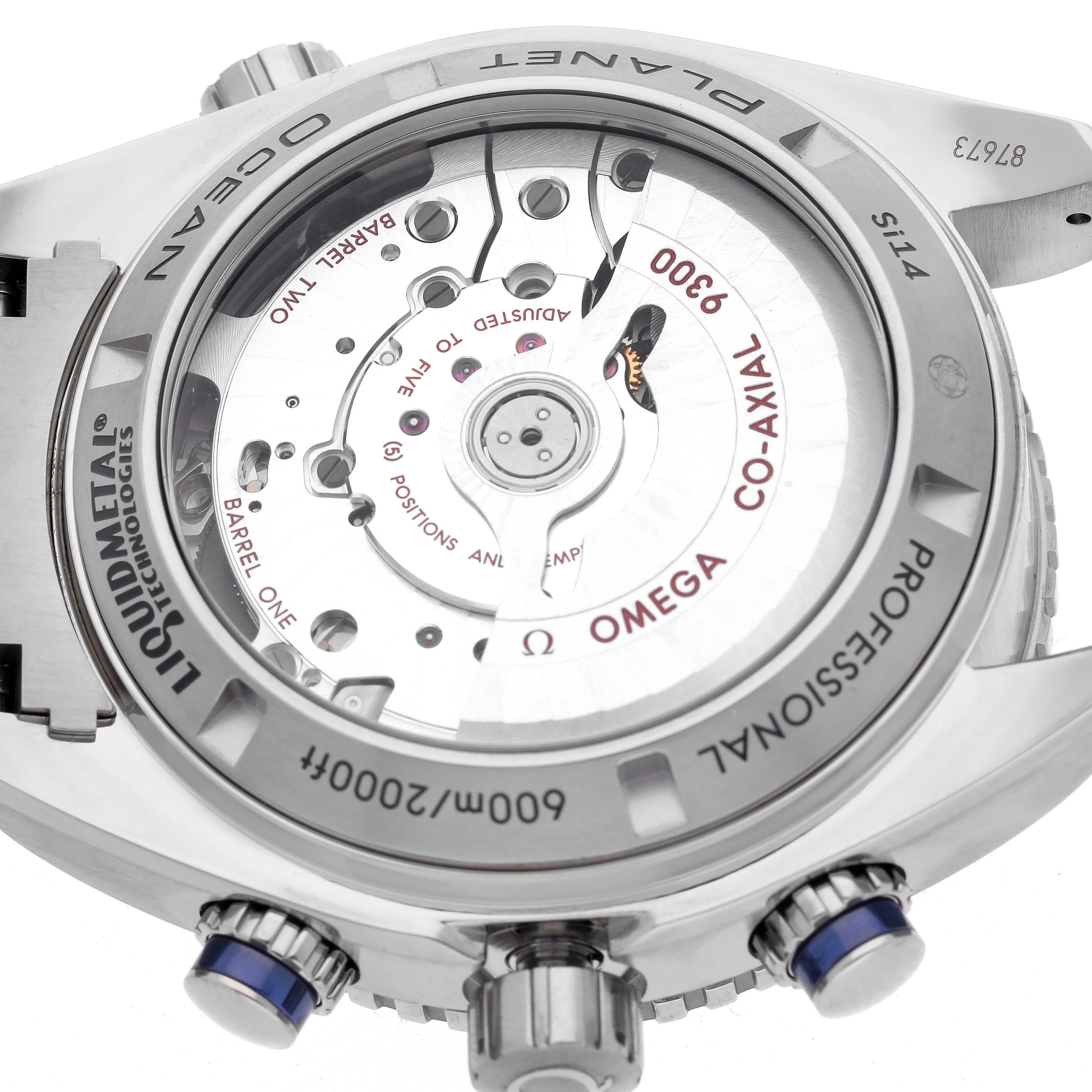 The image shows the back and crown side of the Omega Planet Ocean 232.90.46.51.03.001 Men's Stainless Steel Blue Dial 232.90.46.51.03.001 Men's Stainless Steel Blue Dial, highlighting the movement and "Liquidmetal" markings.