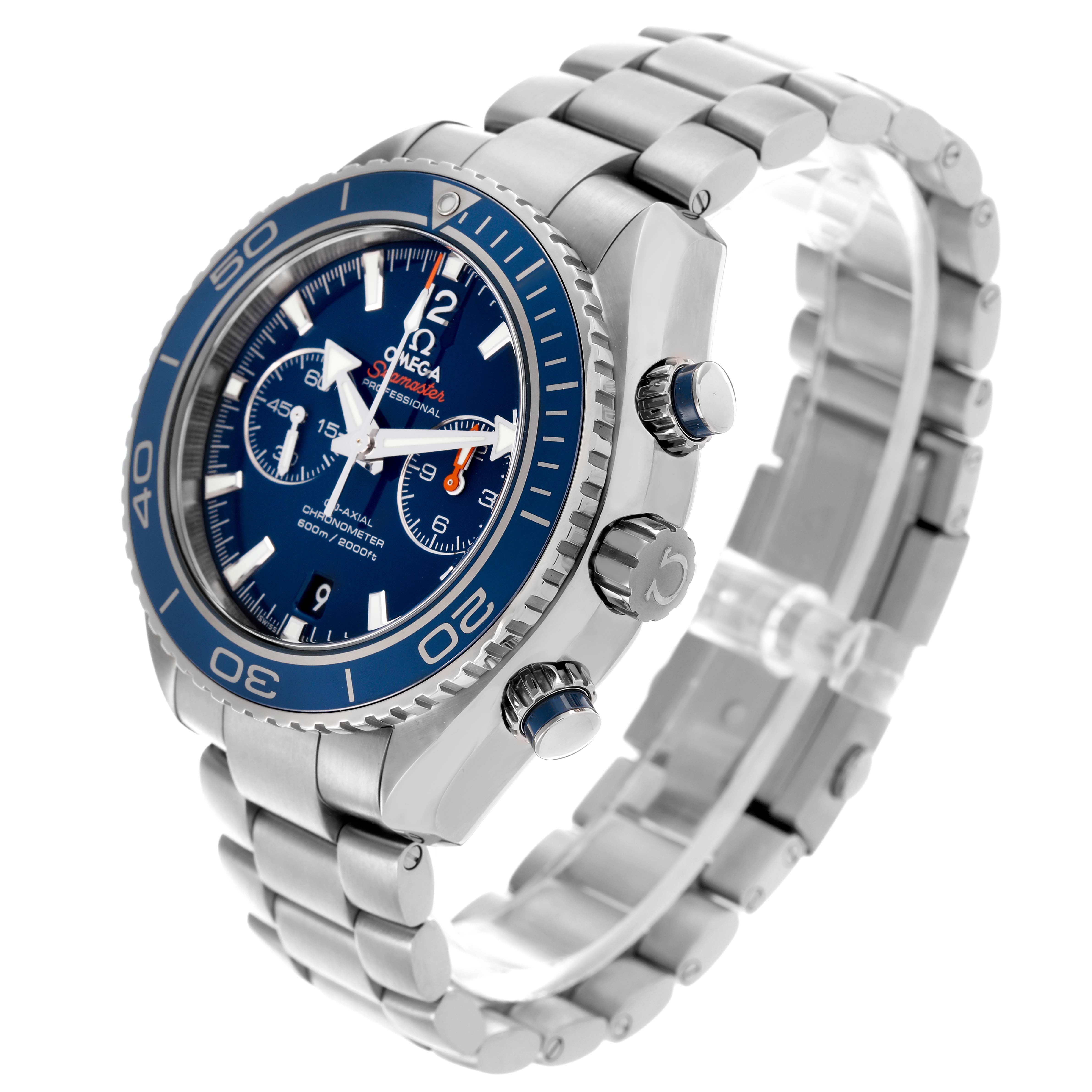 The Omega Planet Ocean 232.90.46.51.03.001 Men's Stainless Steel Blue Dial 232.90.46.51.03.001 Men's Stainless Steel Blue Dial watch is shown at an angle highlighting the face, bezel, crown, and stainless steel bracelet.