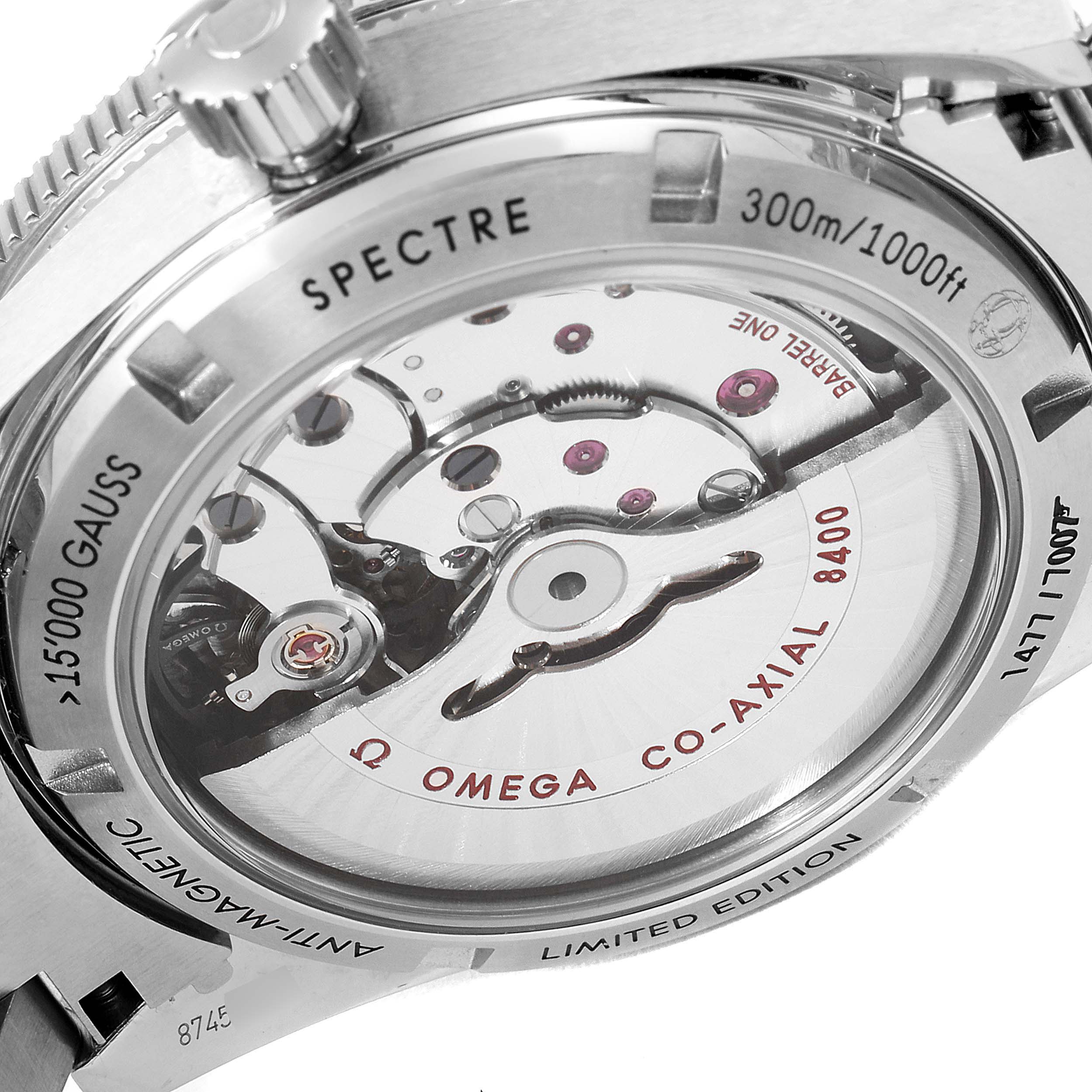 The image shows the back case of an Omega Seamaster 233.32.41.21.01.001 Men's Stainless Steel Black Dial 233.32.41.21.01.001 Men's Stainless Steel Black Dial watch, highlighting its mechanisms and inscriptions.