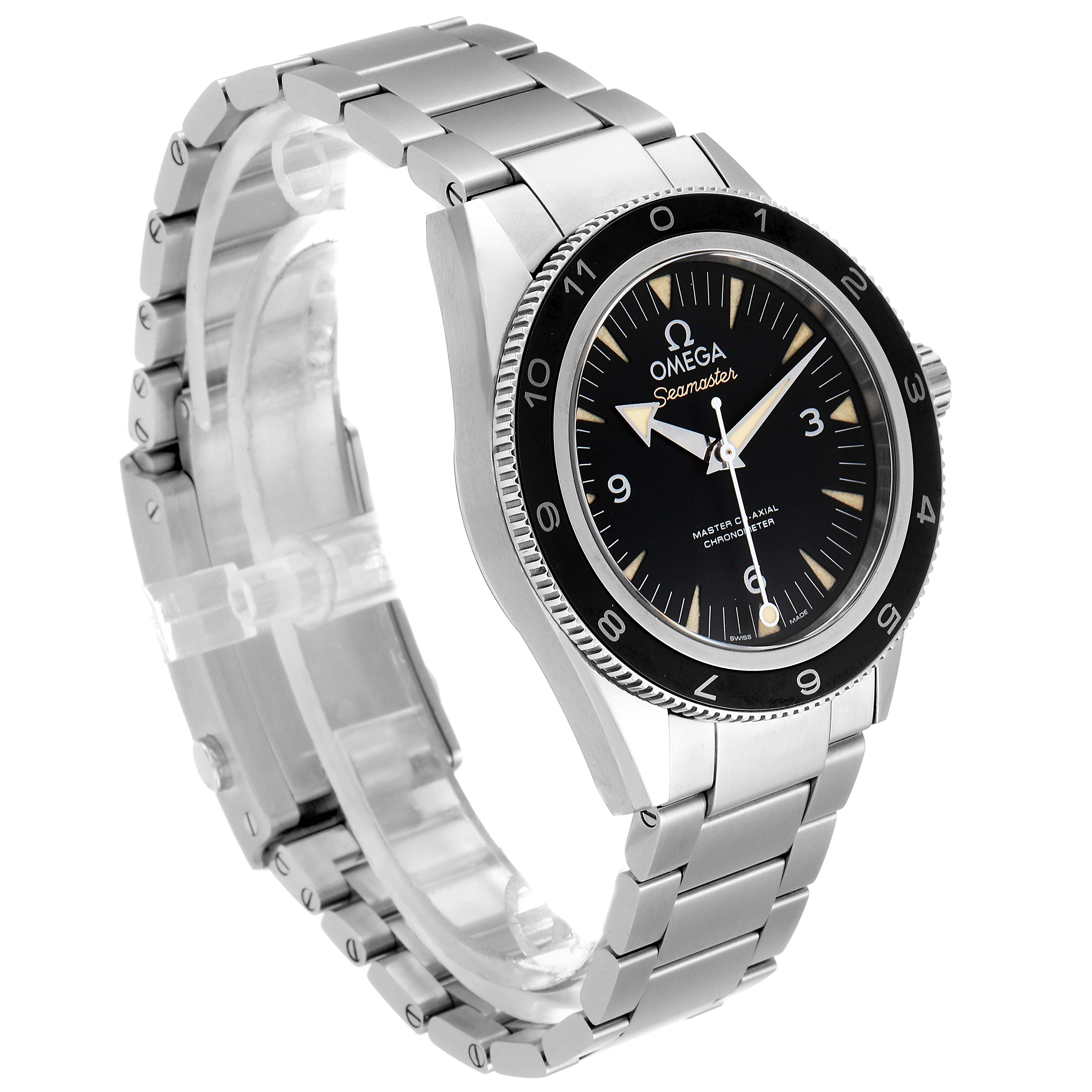 The image shows the Omega Seamaster 233.32.41.21.01.001 Men's Stainless Steel Black Dial 233.32.41.21.01.001 Men's Stainless Steel Black Dial watch from a three-quarter angle, highlighting the dial, bezel, and metal bracelet.