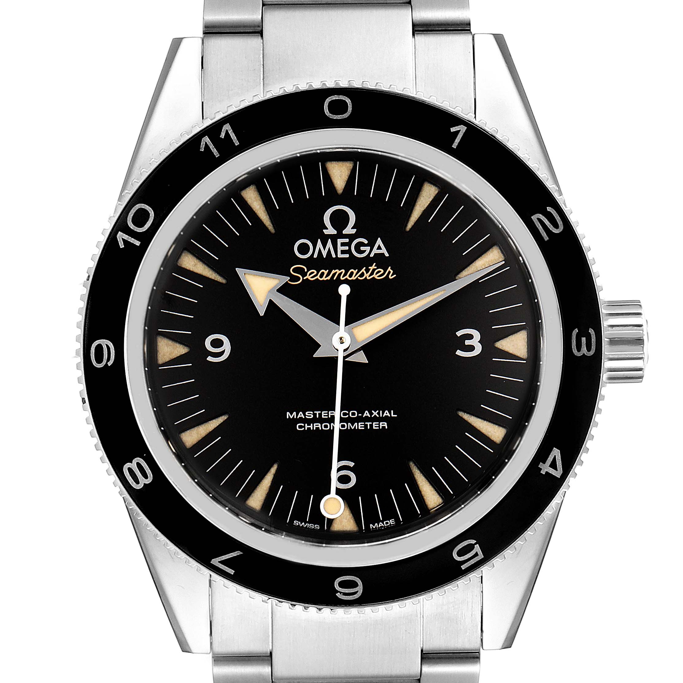 The image shows a front view of an Omega Seamaster 233.32.41.21.01.001 Men's Stainless Steel Black Dial 233.32.41.21.01.001 Men's Stainless Steel Black Dial watch, highlighting its face, bezel, and band.