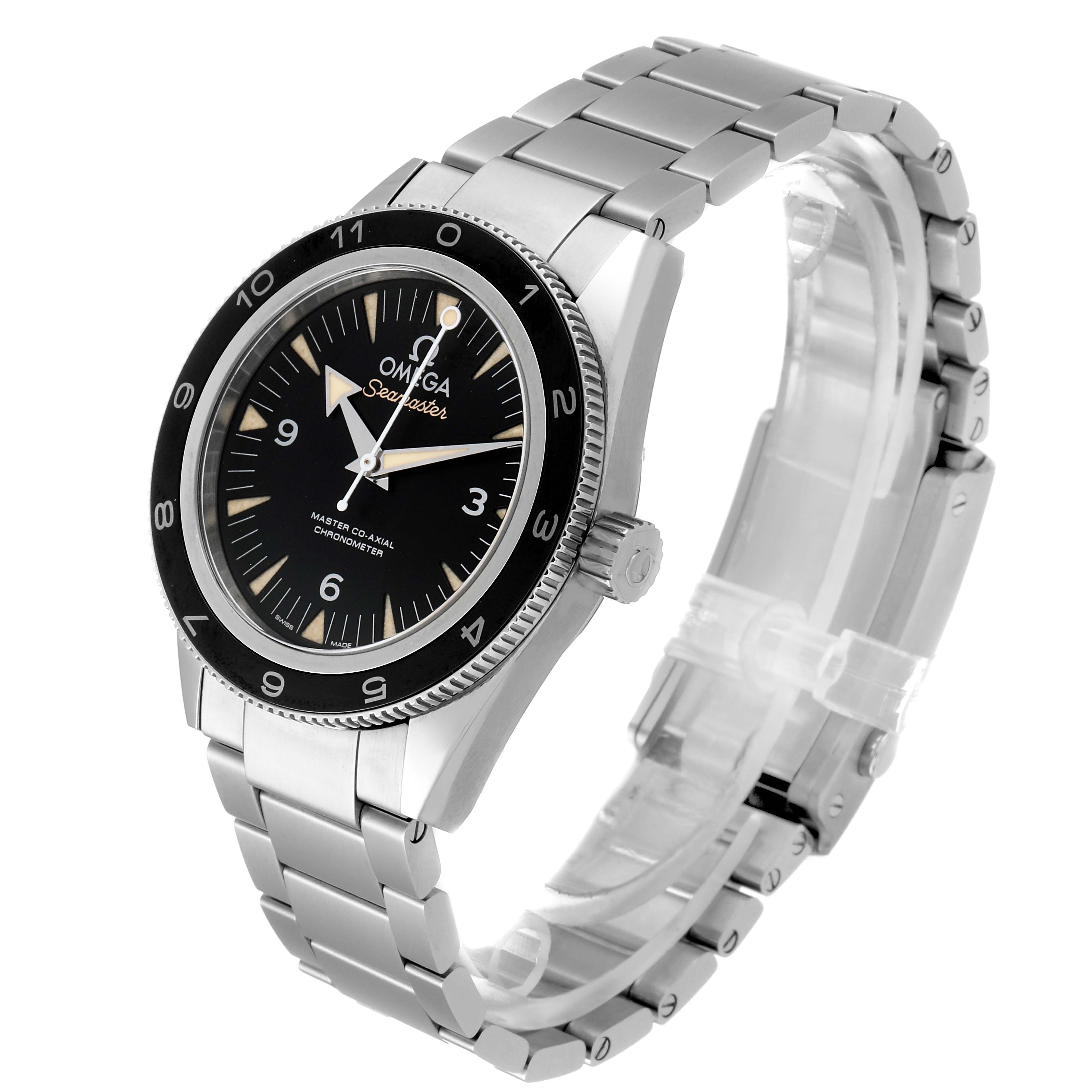 The Omega Seamaster 233.32.41.21.01.001 Men's Stainless Steel Black Dial 233.32.41.21.01.001 Men's Stainless Steel Black Dial watch is shown from a front-left angle, highlighting the dial, bezel, crown, and metal bracelet.