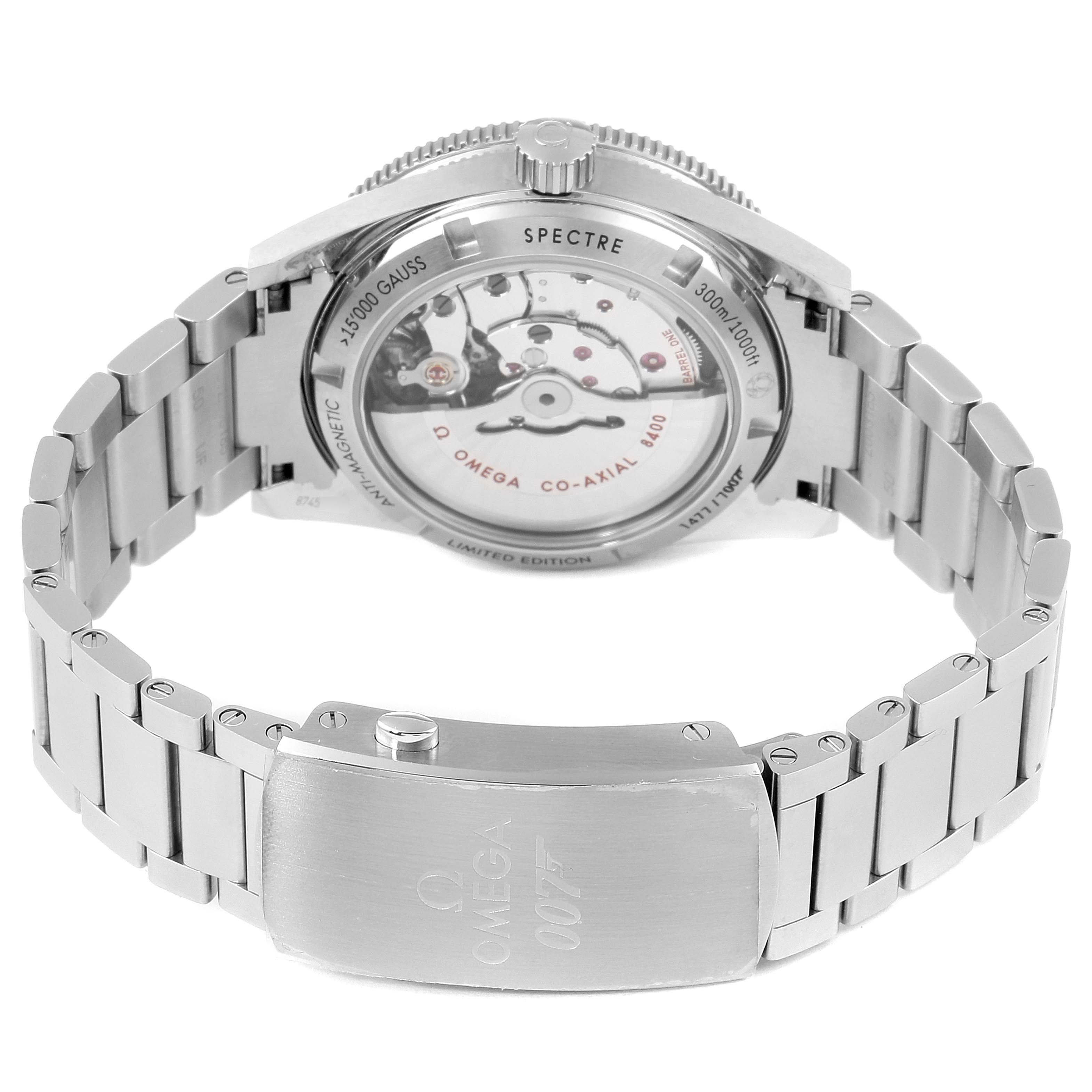 The image shows the back angle of the Omega Seamaster 233.32.41.21.01.001 Men's Stainless Steel Black Dial 233.32.41.21.01.001 Men's Stainless Steel Black Dial watch, highlighting its bracelet and transparent case back.