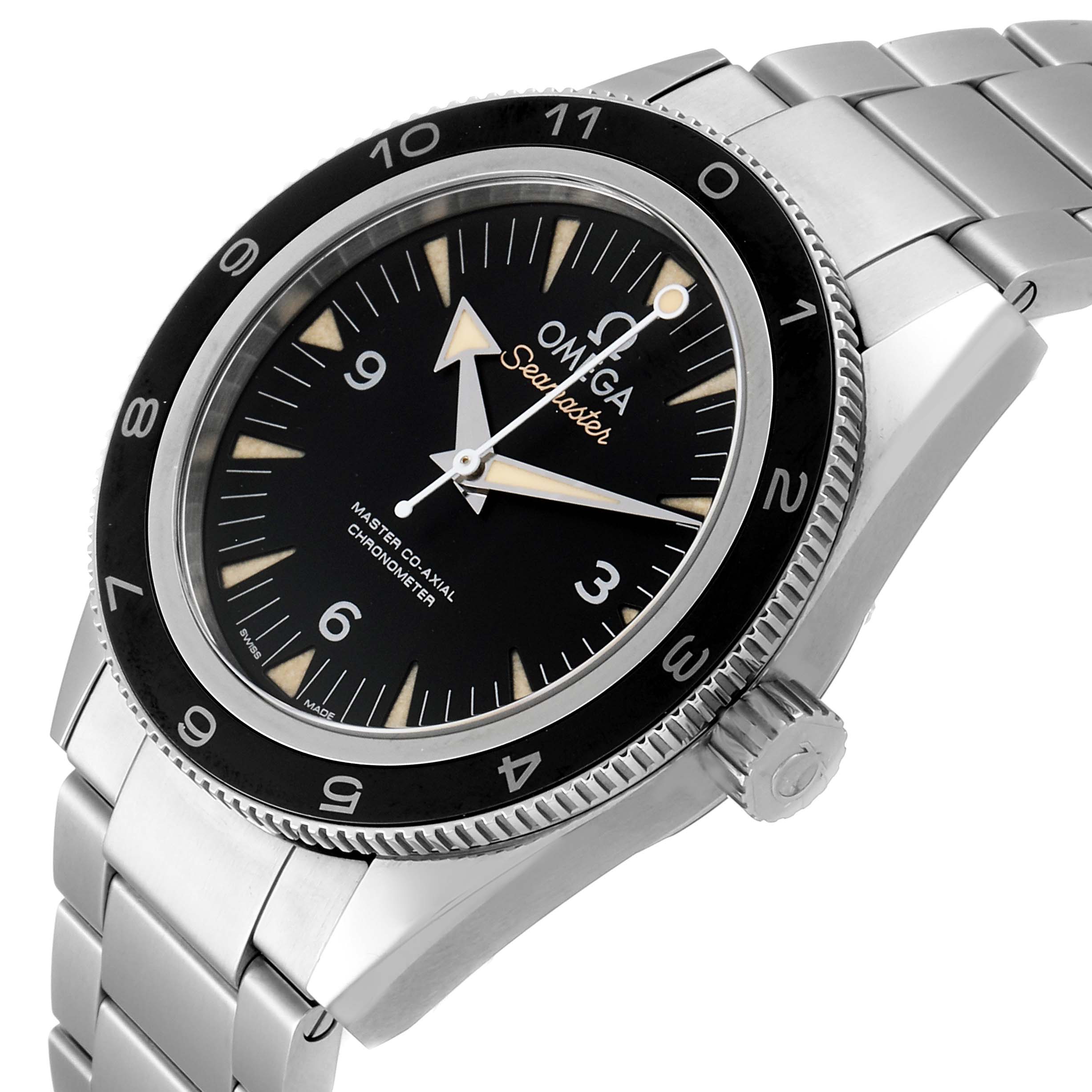The Omega Seamaster 233.32.41.21.01.001 Men's Stainless Steel Black Dial 233.32.41.21.01.001 Men's Stainless Steel Black Dial watch is shown from an angled side view, focusing on the bezel, dial, crown, and part of the bracelet.
