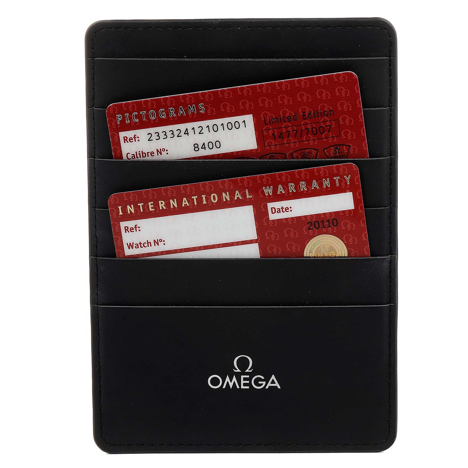 This image shows the warranty cards and cardholder for the Omega Seamaster 233.32.41.21.01.001 Men's Stainless Steel Black Dial 233.32.41.21.01.001 Men's Stainless Steel Black Dial watch.
