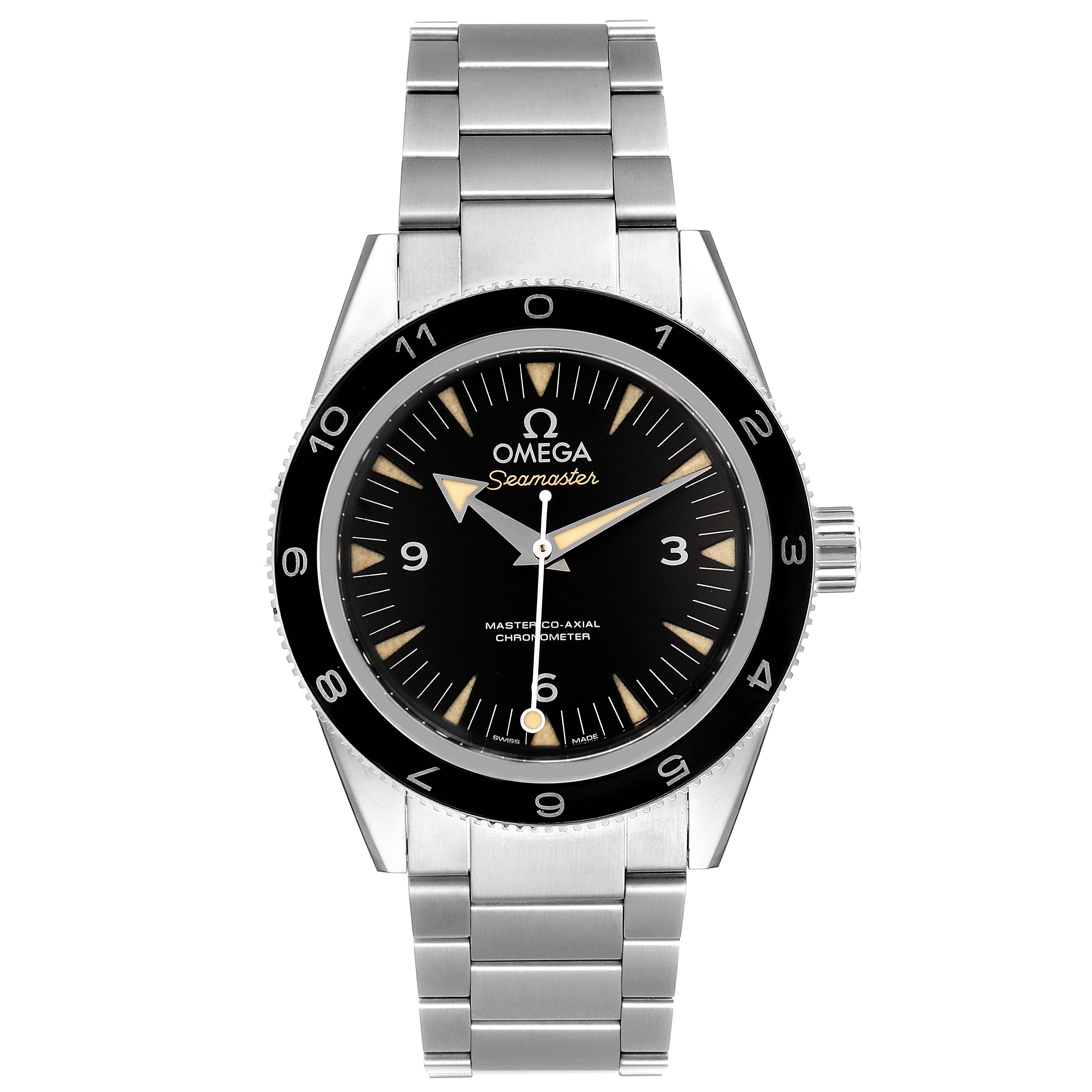 The image shows a frontal view of the Omega Seamaster 233.32.41.21.01.001 Men's Stainless Steel Black Dial 233.32.41.21.01.001 Men's Stainless Steel Black Dial watch, displaying its face, bezel, crown, and metal bracelet.