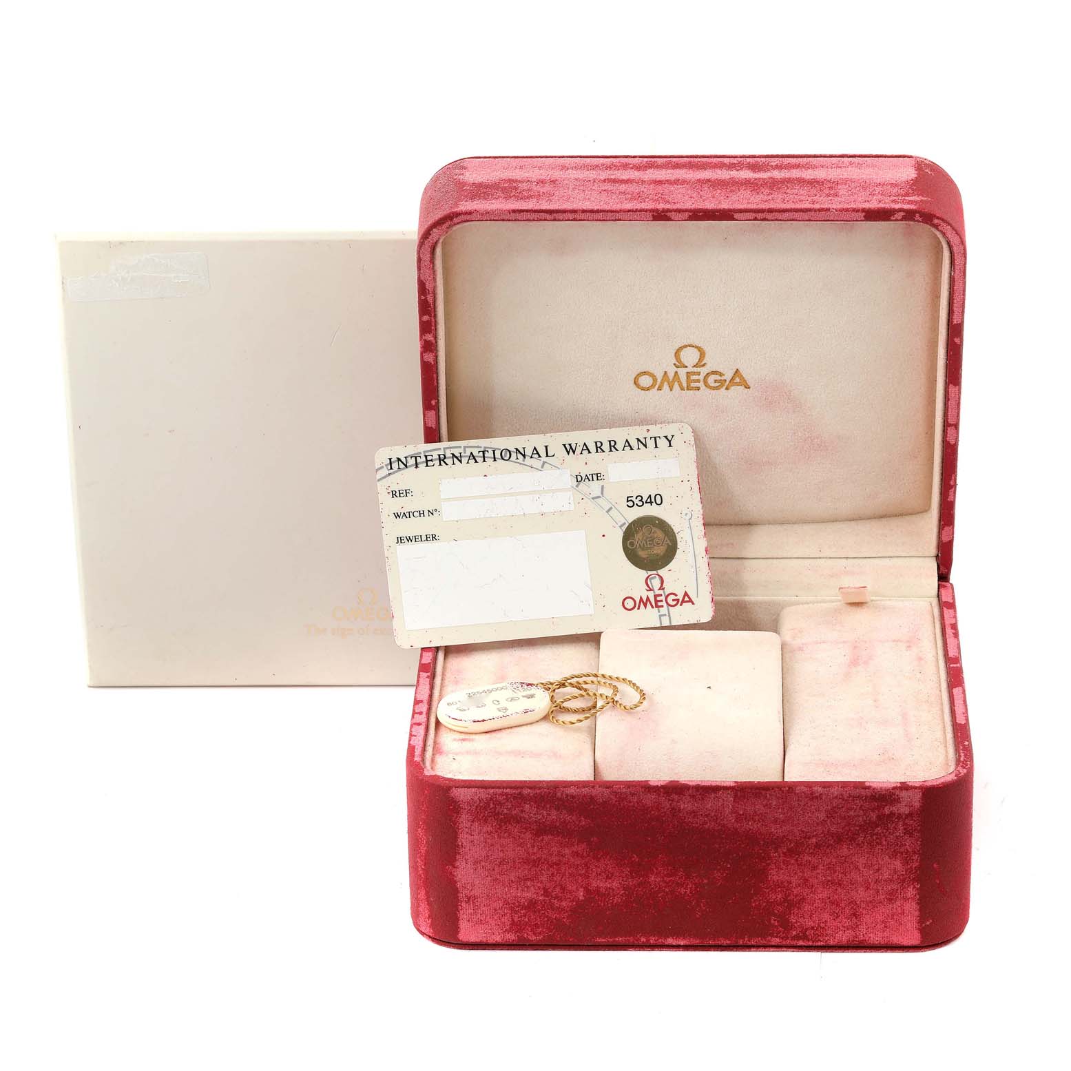 The image shows an Omega Seamaster 2254.50.00 Men's Stainless Steel Black Dial 2254.50.00 Men's Stainless Steel Black Dial watch box, international warranty card, and a price tag.