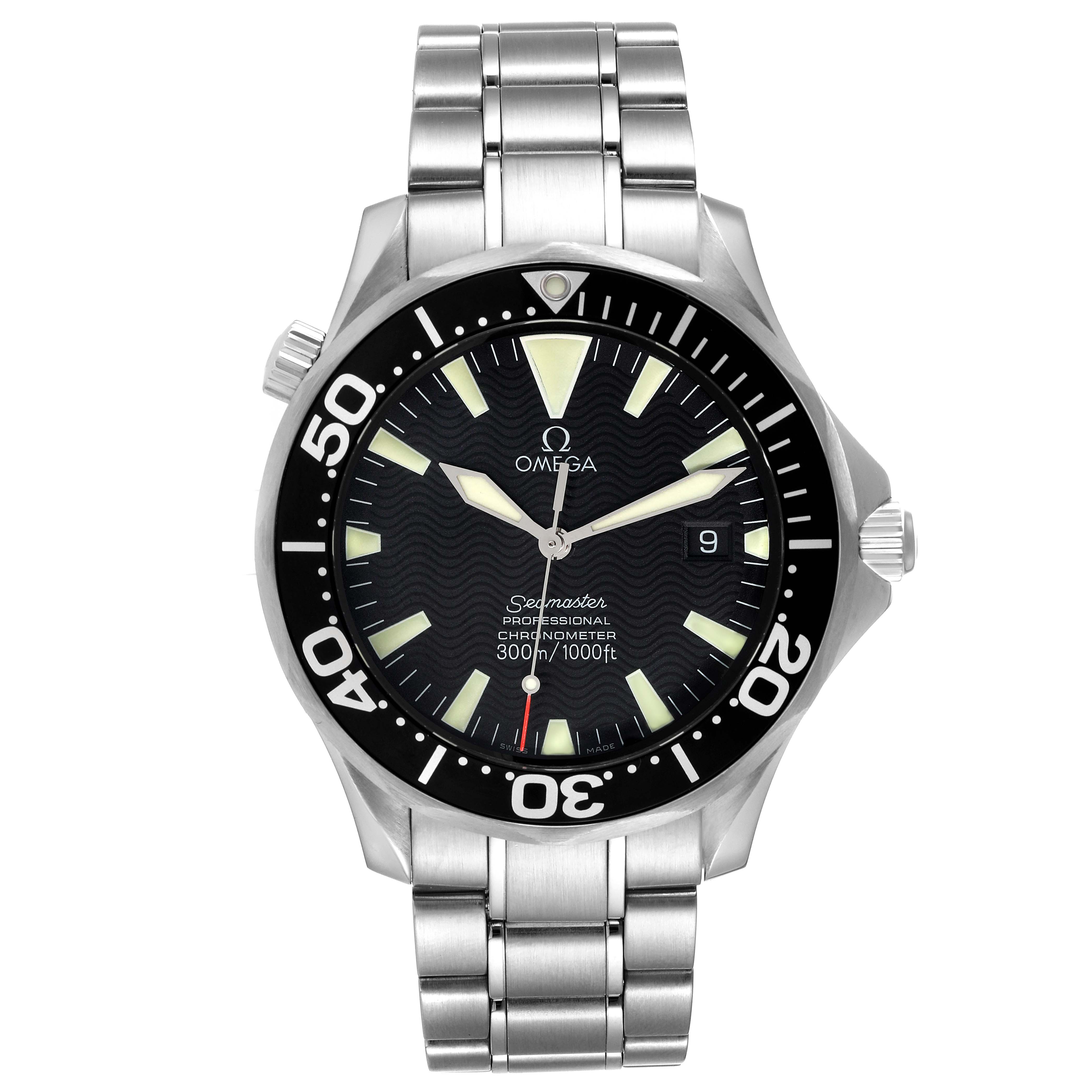 The Omega Seamaster 2254.50.00 Men's Stainless Steel Black Dial 2254.50.00 Men's Stainless Steel Black Dial watch is shown from the front, displaying its face, bezel, crown, and stainless steel bracelet.