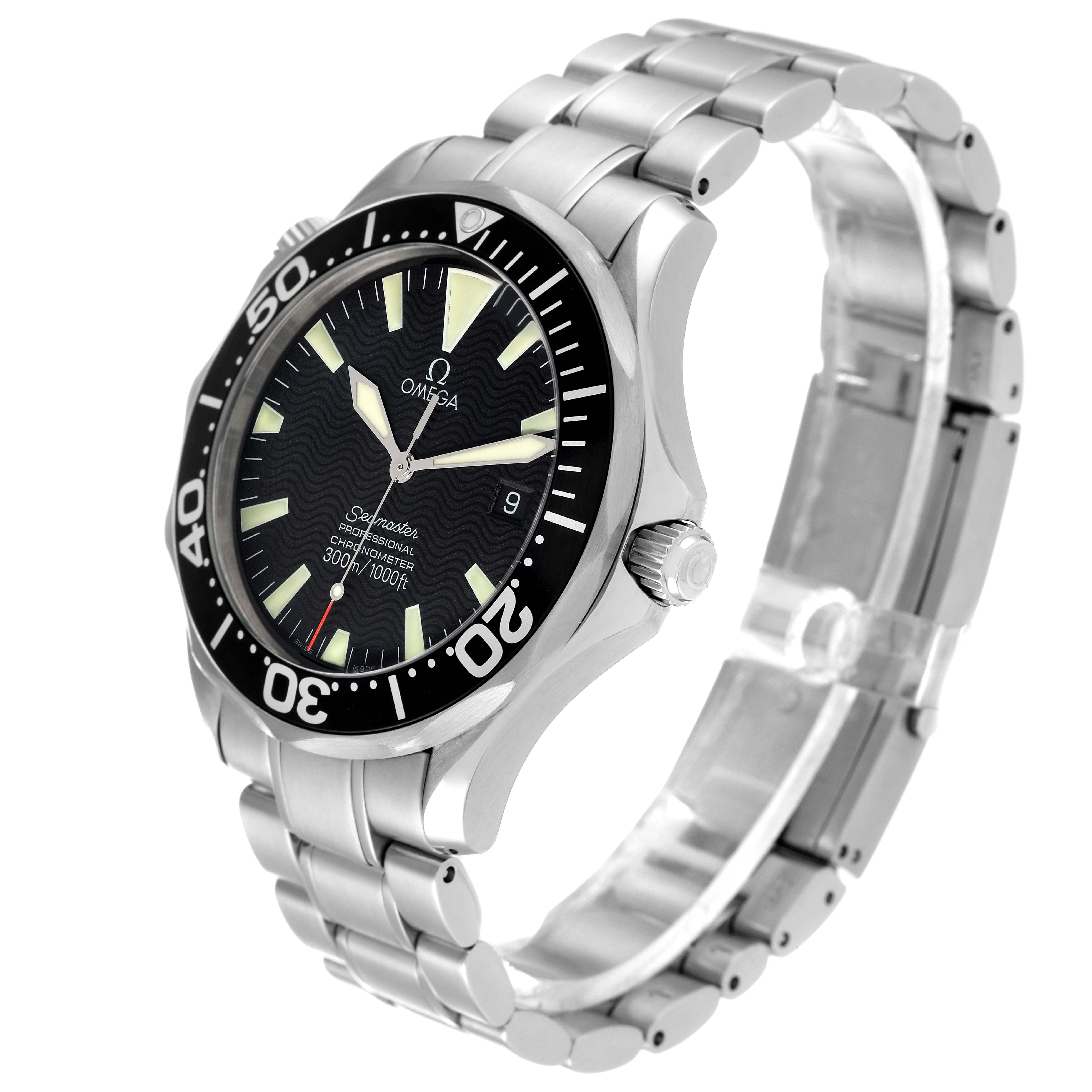 The Omega Seamaster 2254.50.00 Men's Stainless Steel Black Dial 2254.50.00 Men's Stainless Steel Black Dial watch is shown at a slight angle, featuring the bezel, dial, bracelet, and crown.