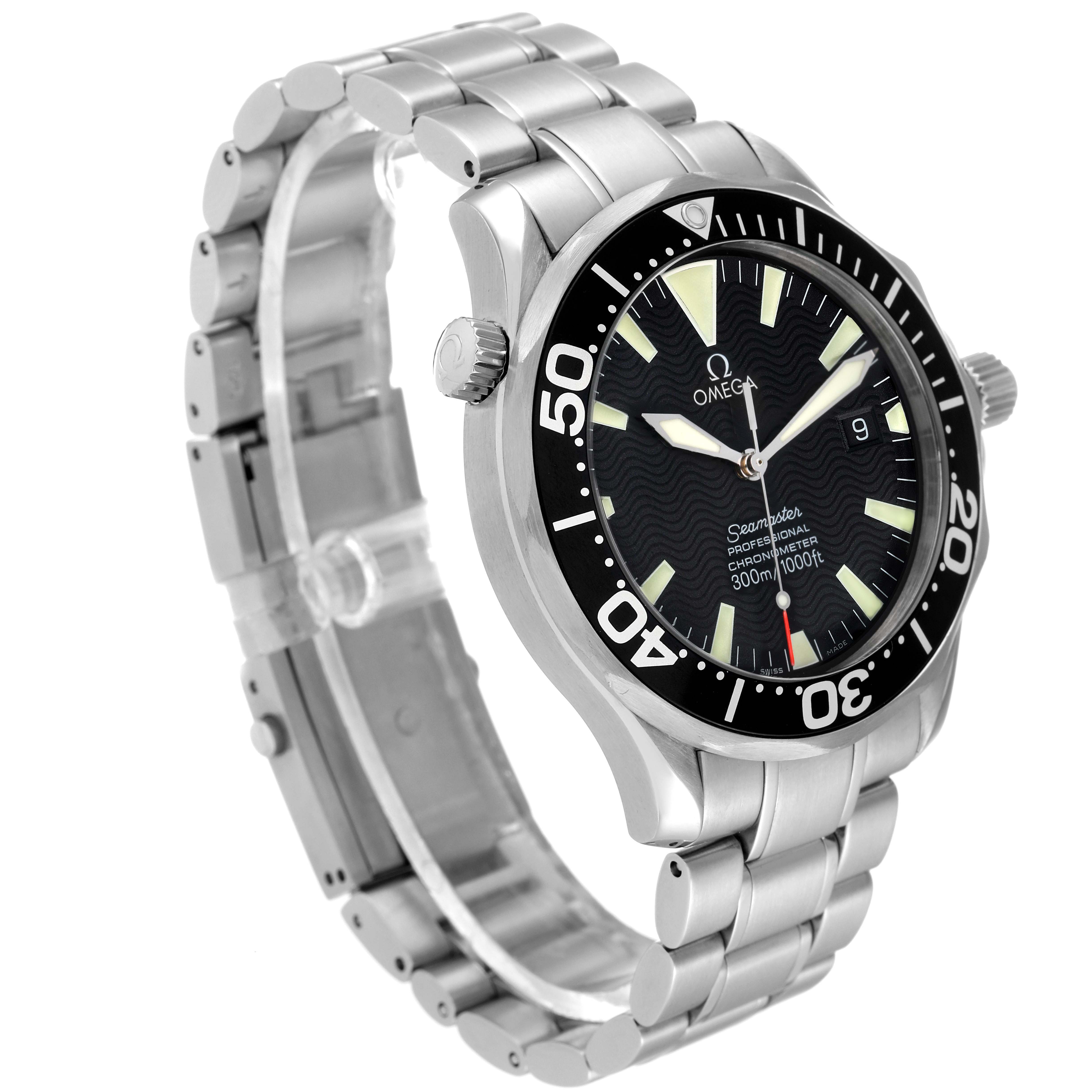 The image shows a side angle of an Omega Seamaster 2254.50.00 Men's Stainless Steel Black Dial 2254.50.00 Men's Stainless Steel Black Dial watch, displaying the face, bezel, crown, and part of the stainless steel bracelet.
