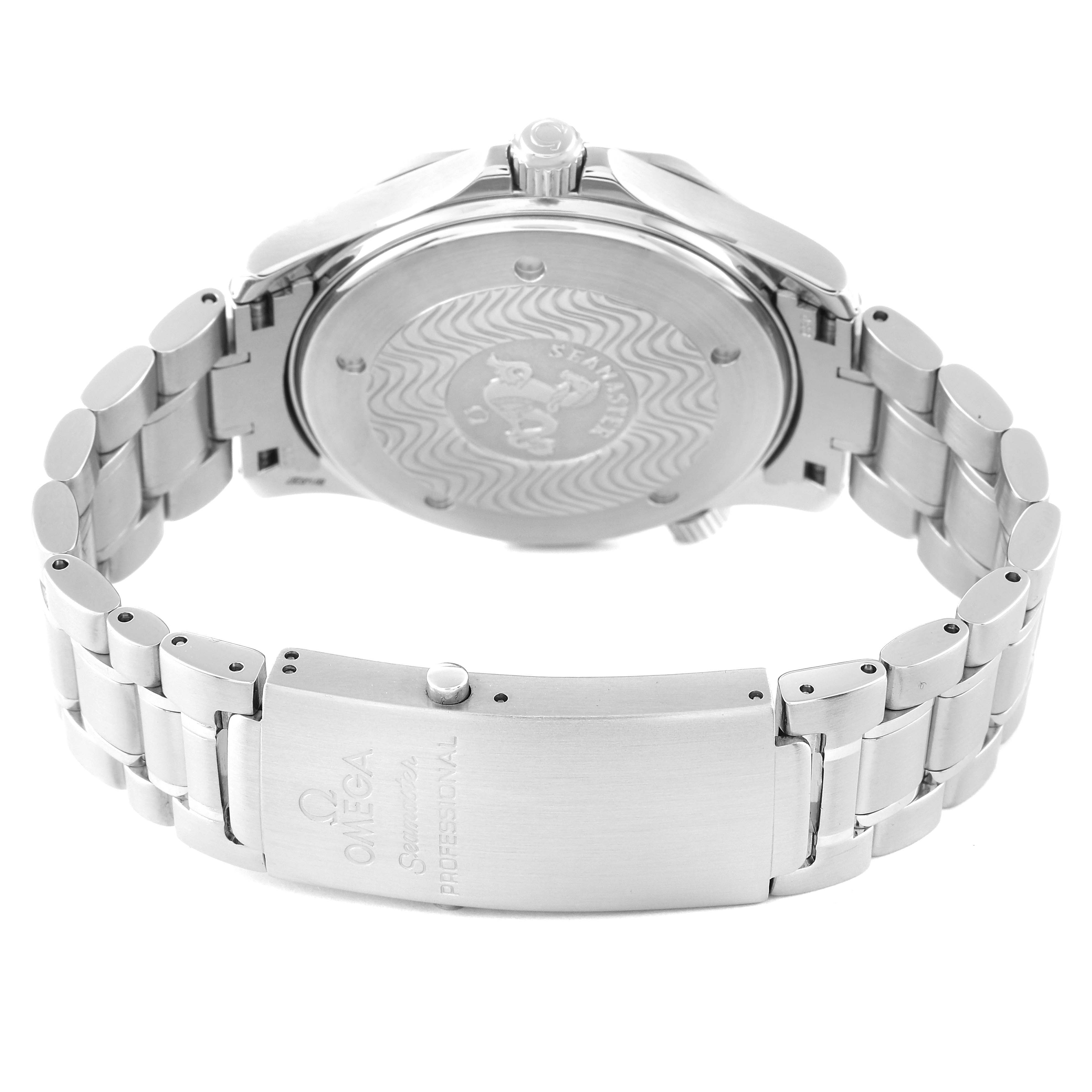 The image shows the back and bracelet of an Omega Seamaster 2254.50.00 Men's Stainless Steel Black Dial 2254.50.00 Men's Stainless Steel Black Dial watch, including the case back and clasp with the brand's engraving.