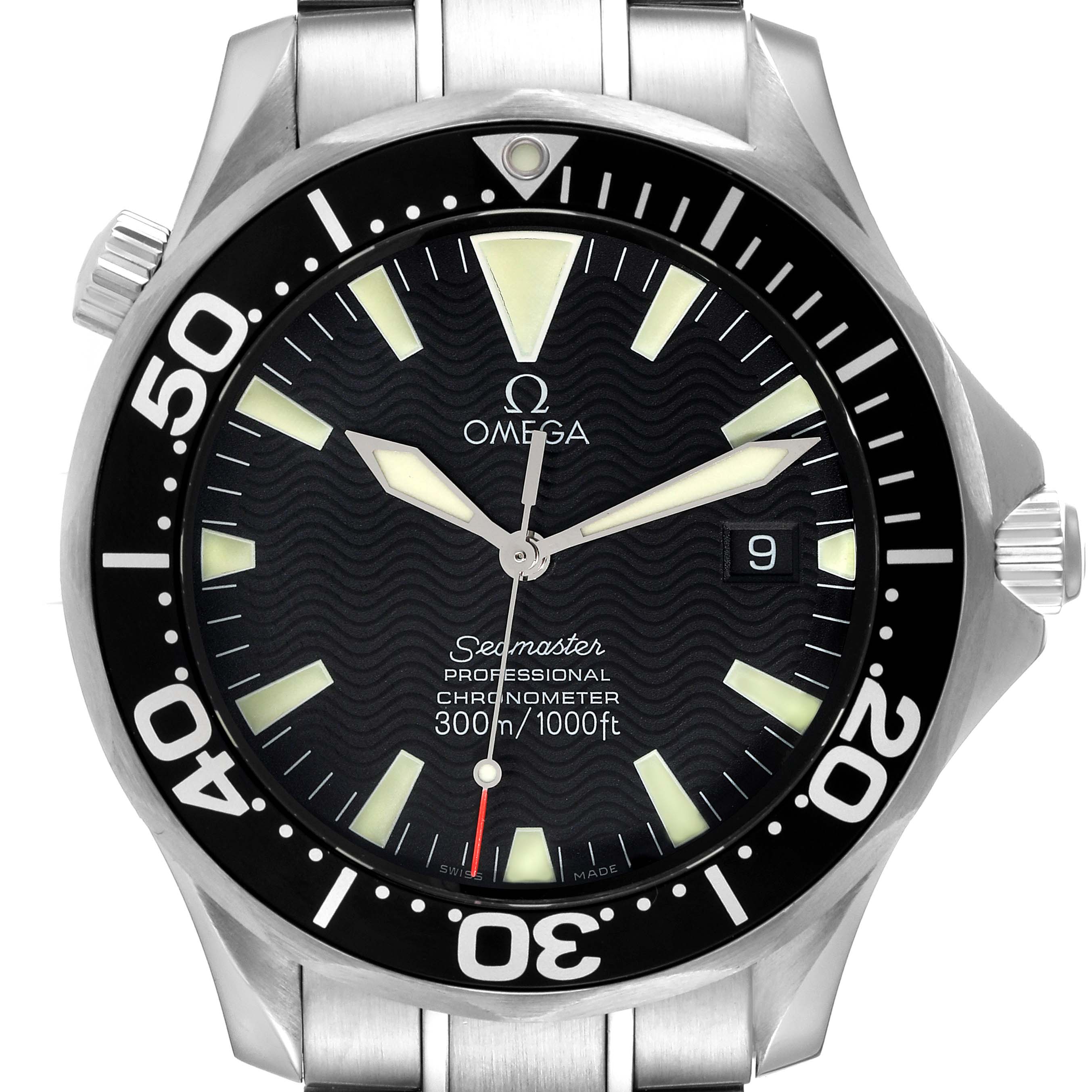 The image shows a front angle of the Omega Seamaster 2254.50.00 Men's Stainless Steel Black Dial 2254.50.00 Men's Stainless Steel Black Dial watch, highlighting its dial, bezel, hands, and part of the bracelet.