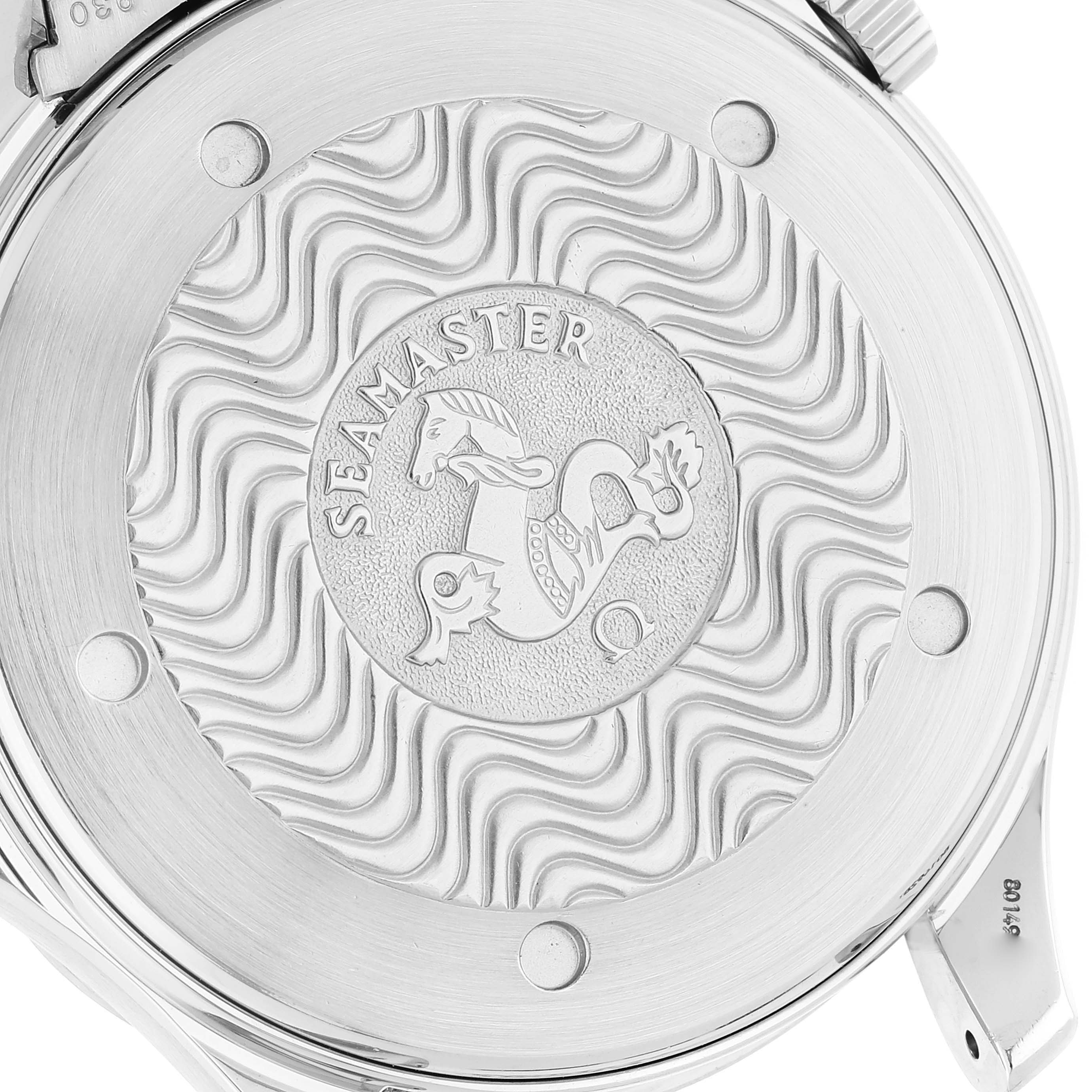 The image shows the case back of an Omega Seamaster 2254.50.00 Men's Stainless Steel Black Dial 2254.50.00 Men's Stainless Steel Black Dial watch, displaying its engraved design and logo.