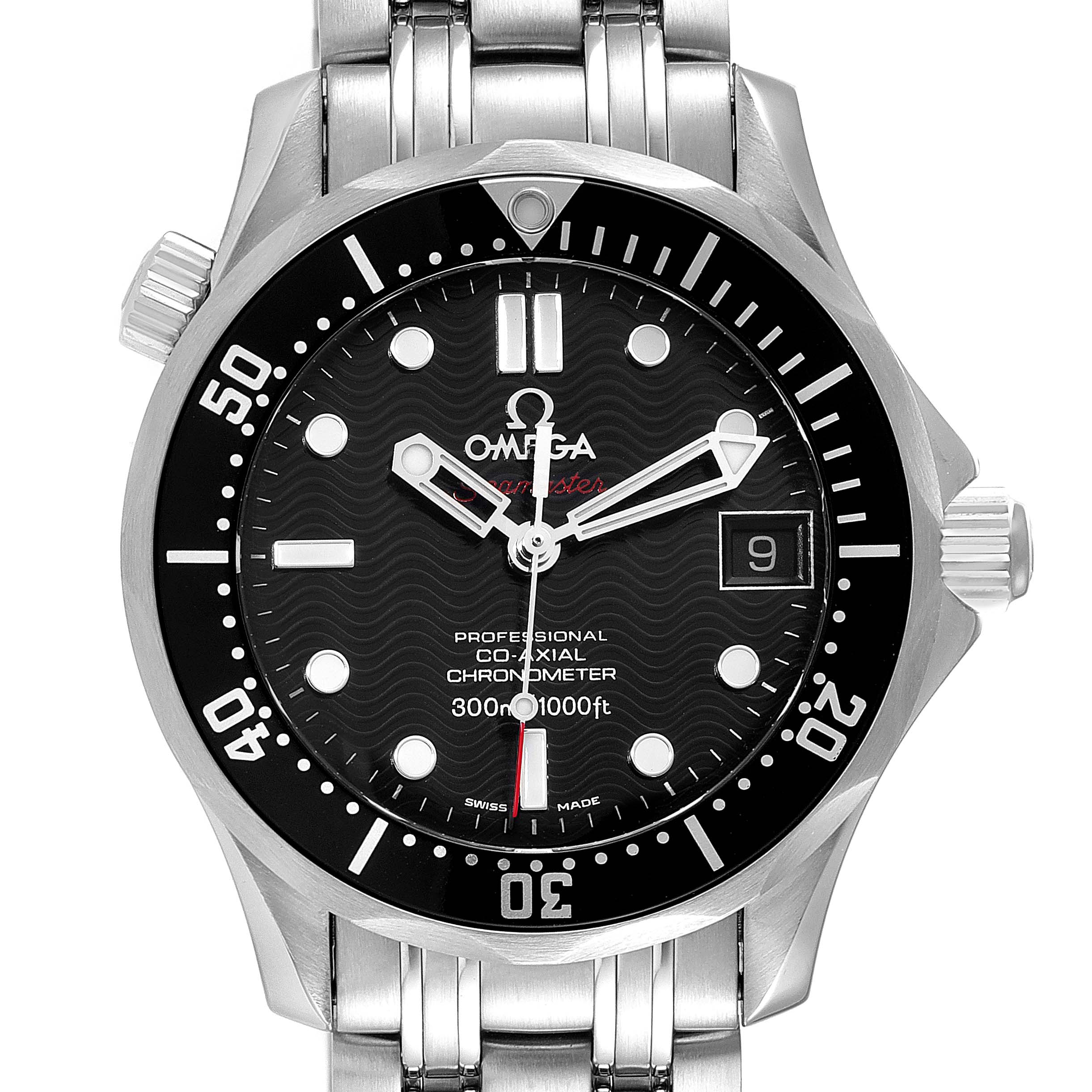 This image shows the front view of an Omega Seamaster 212.30.36.20.01.001 Men's Stainless Steel Black Dial 212.30.36.20.01.001 Men's Stainless Steel Black Dial watch, highlighting the dial, bezel, crown, and bracelet.