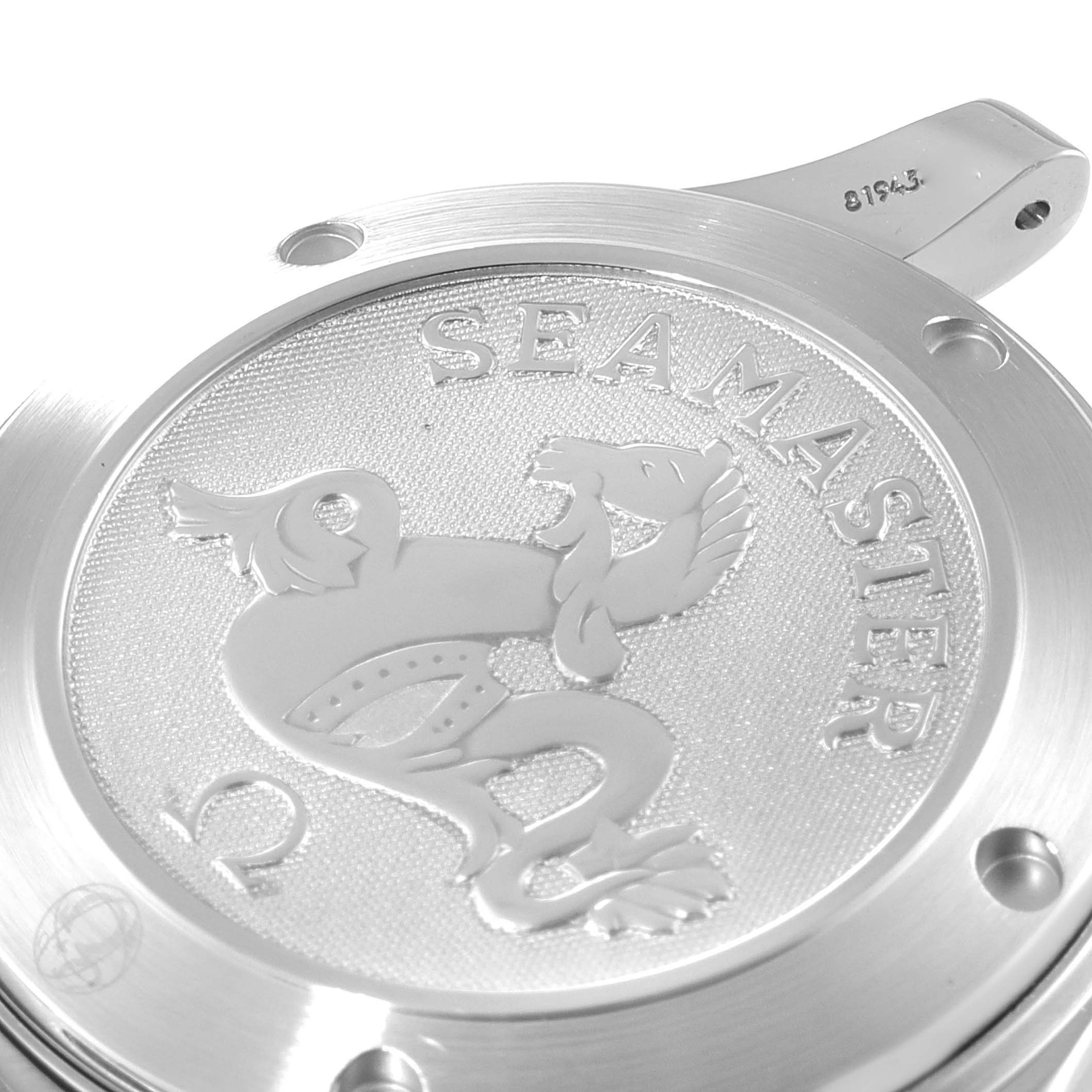 The image shows a close-up of the case back of an Omega Seamaster 212.30.36.20.01.001 Men's Stainless Steel Black Dial 212.30.36.20.01.001 Men's Stainless Steel Black Dial watch, featuring the engraved logo.