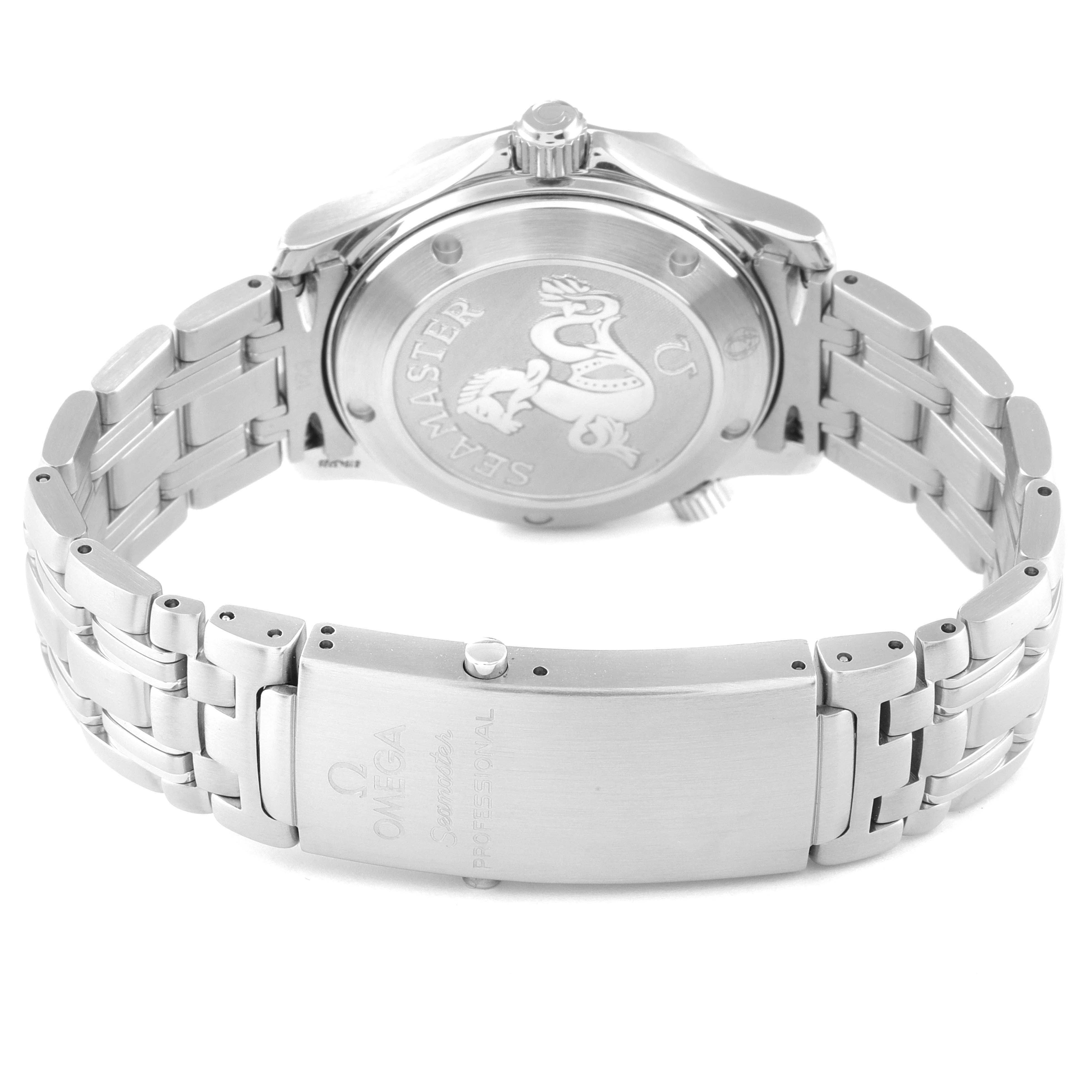 This image shows the back view of an Omega Seamaster 212.30.36.20.01.001 Men's Stainless Steel Black Dial 212.30.36.20.01.001 Men's Stainless Steel Black Dial watch, highlighting the case back and the stainless steel bracelet.