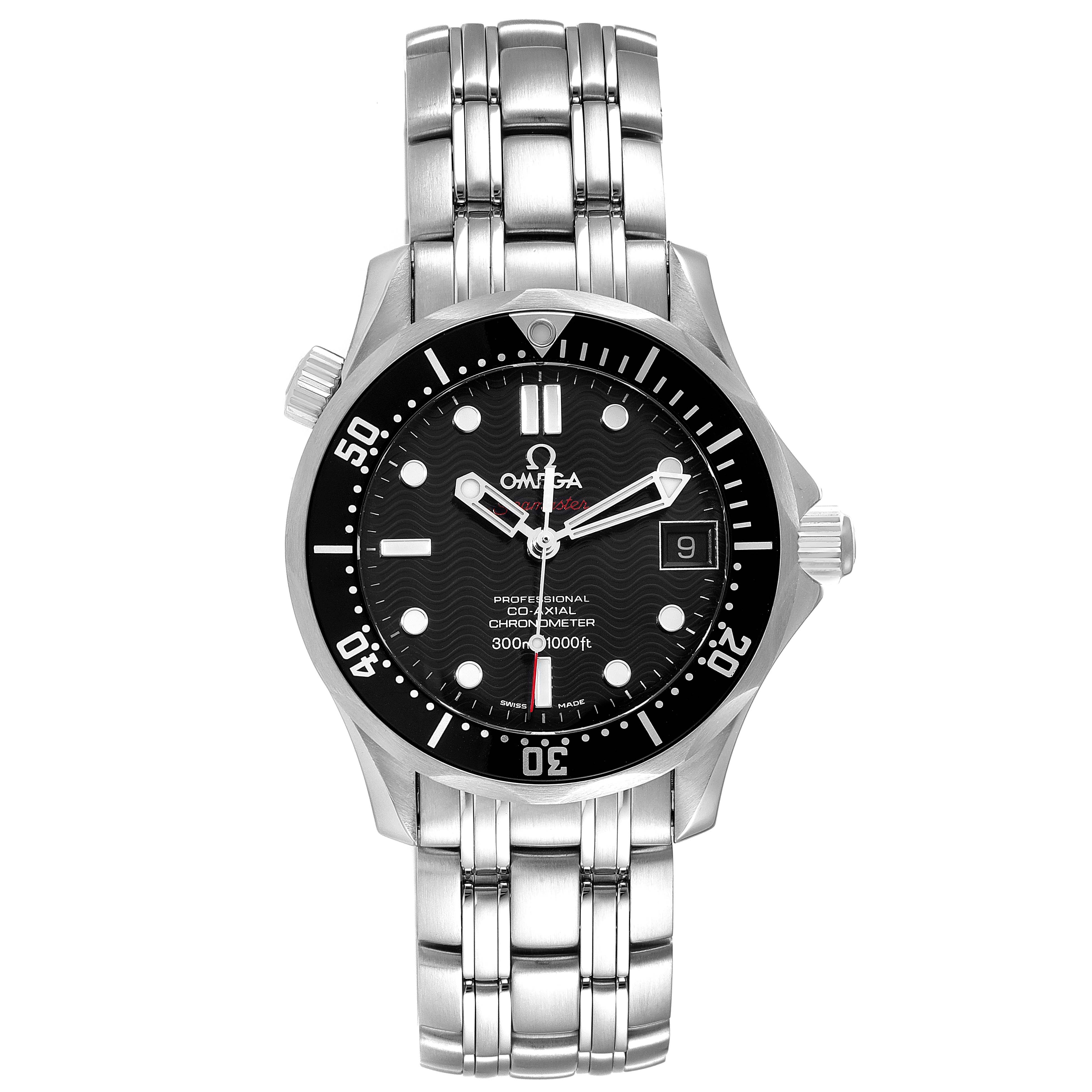 The image shows a front view of the Omega Seamaster 212.30.36.20.01.001 Men's Stainless Steel Black Dial 212.30.36.20.01.001 Men's Stainless Steel Black Dial watch, displaying its face, bezel, and stainless steel bracelet.