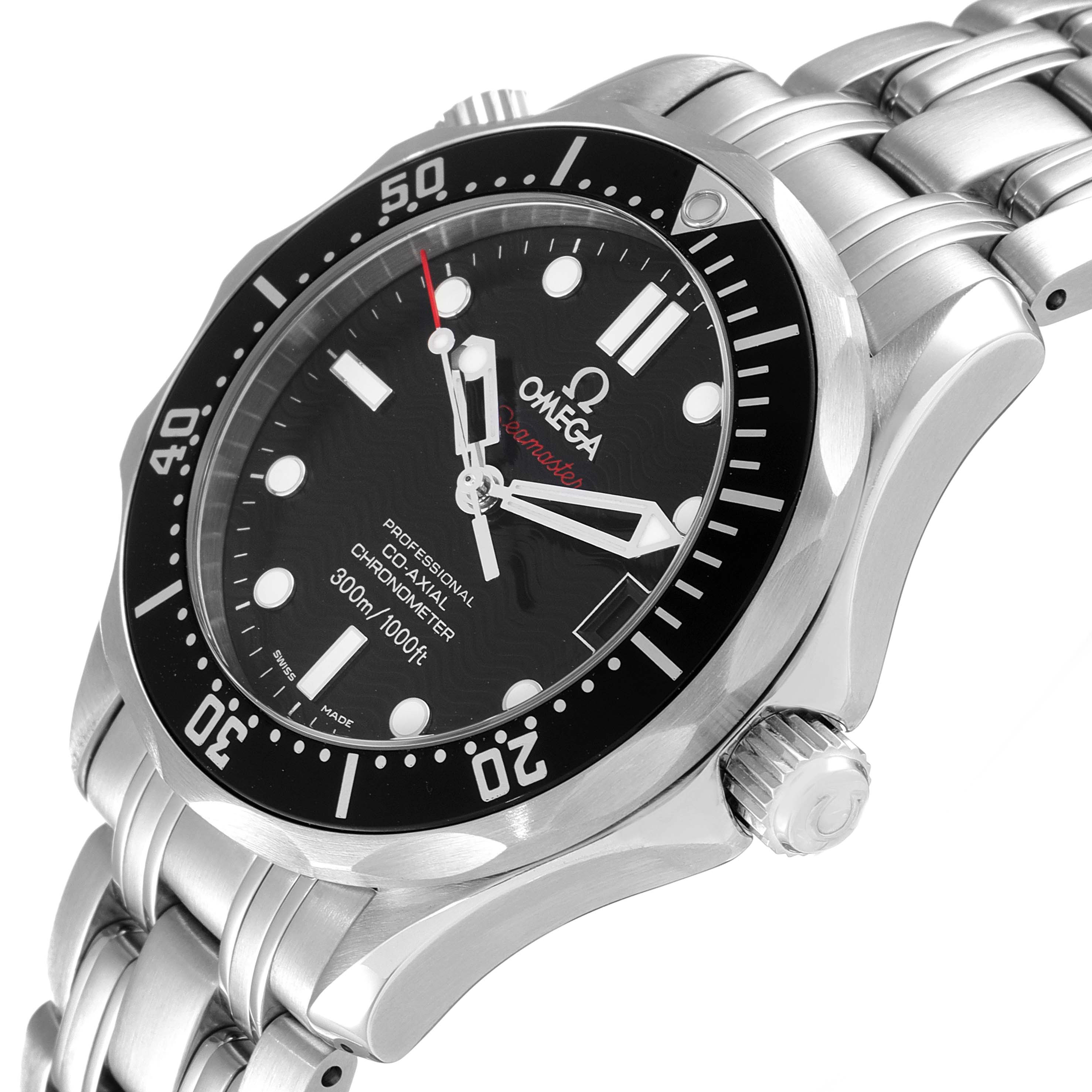 The image shows an angled view of an Omega Seamaster 212.30.36.20.01.001 Men's Stainless Steel Black Dial 212.30.36.20.01.001 Men's Stainless Steel Black Dial watch, highlighting the bezel, face, hands, crown, and bracelet.