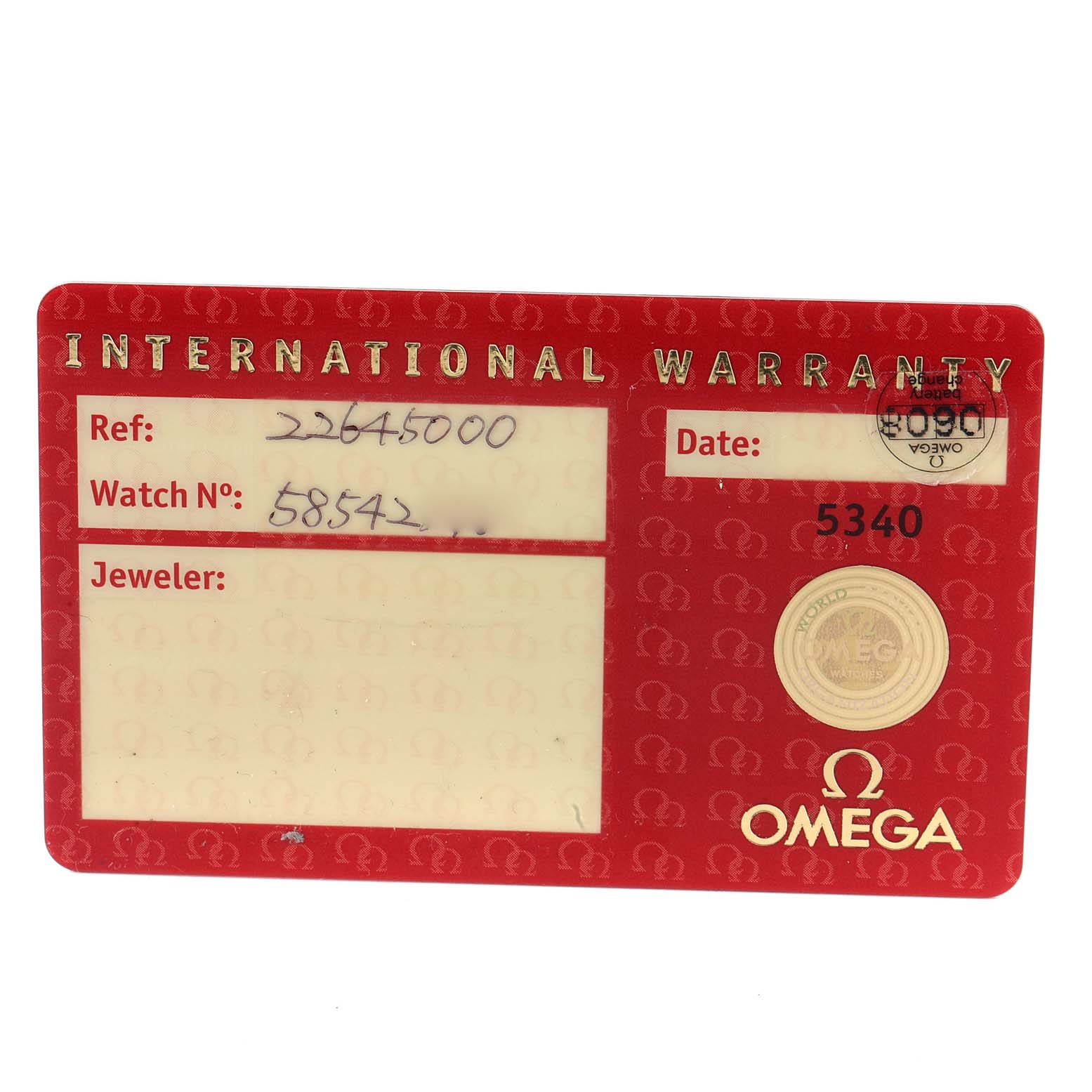 The image shows an Omega Seamaster 2264.50.00 Men's Stainless Steel Black Dial 2264.50.00 Men's Stainless Steel Black Dial International Warranty card with reference number, watch number, jeweler section, and date.