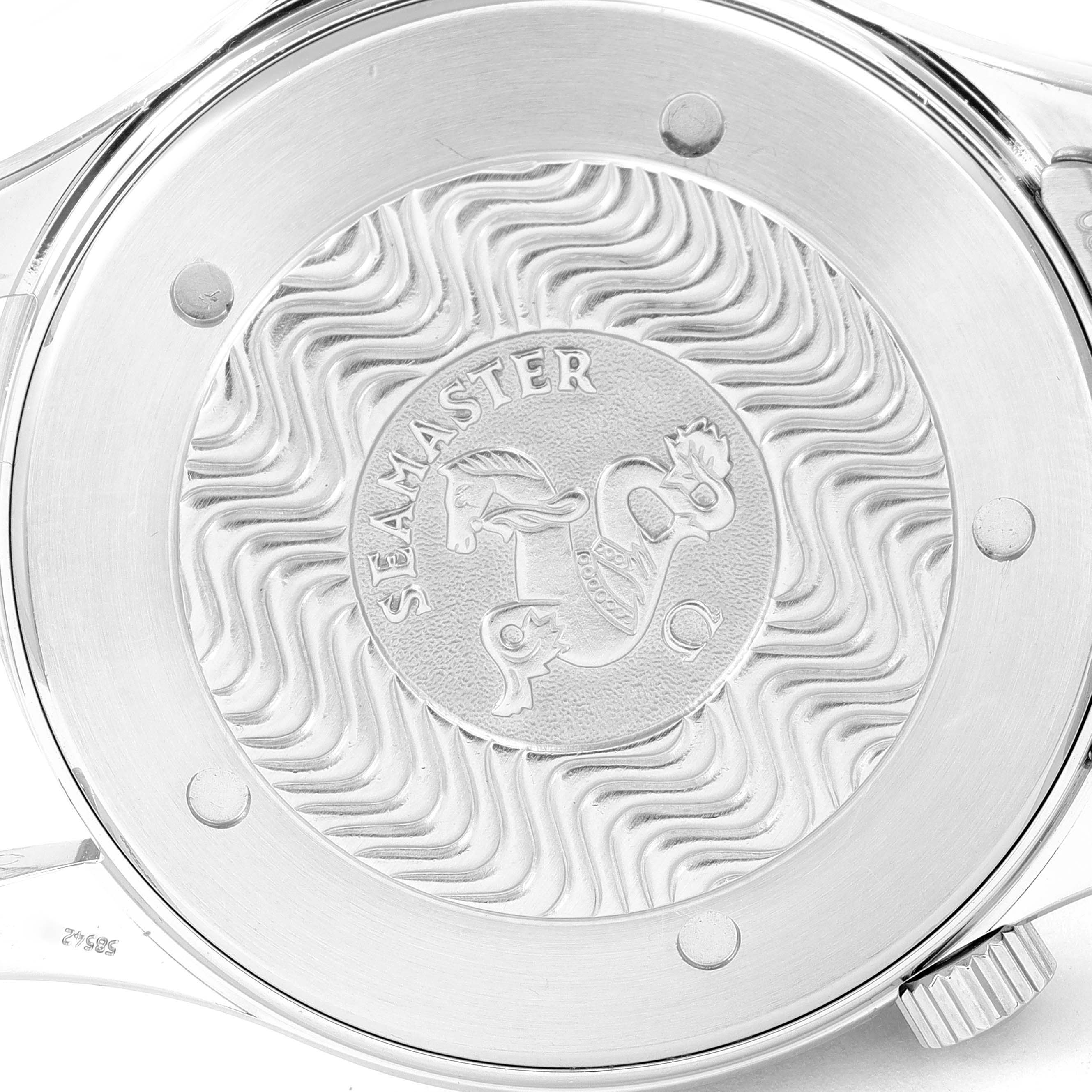 This image shows the case back of the Omega Seamaster 2264.50.00 Men's Stainless Steel Black Dial 2264.50.00 Men's Stainless Steel Black Dial watch, highlighting the engraved logo and wave pattern design.