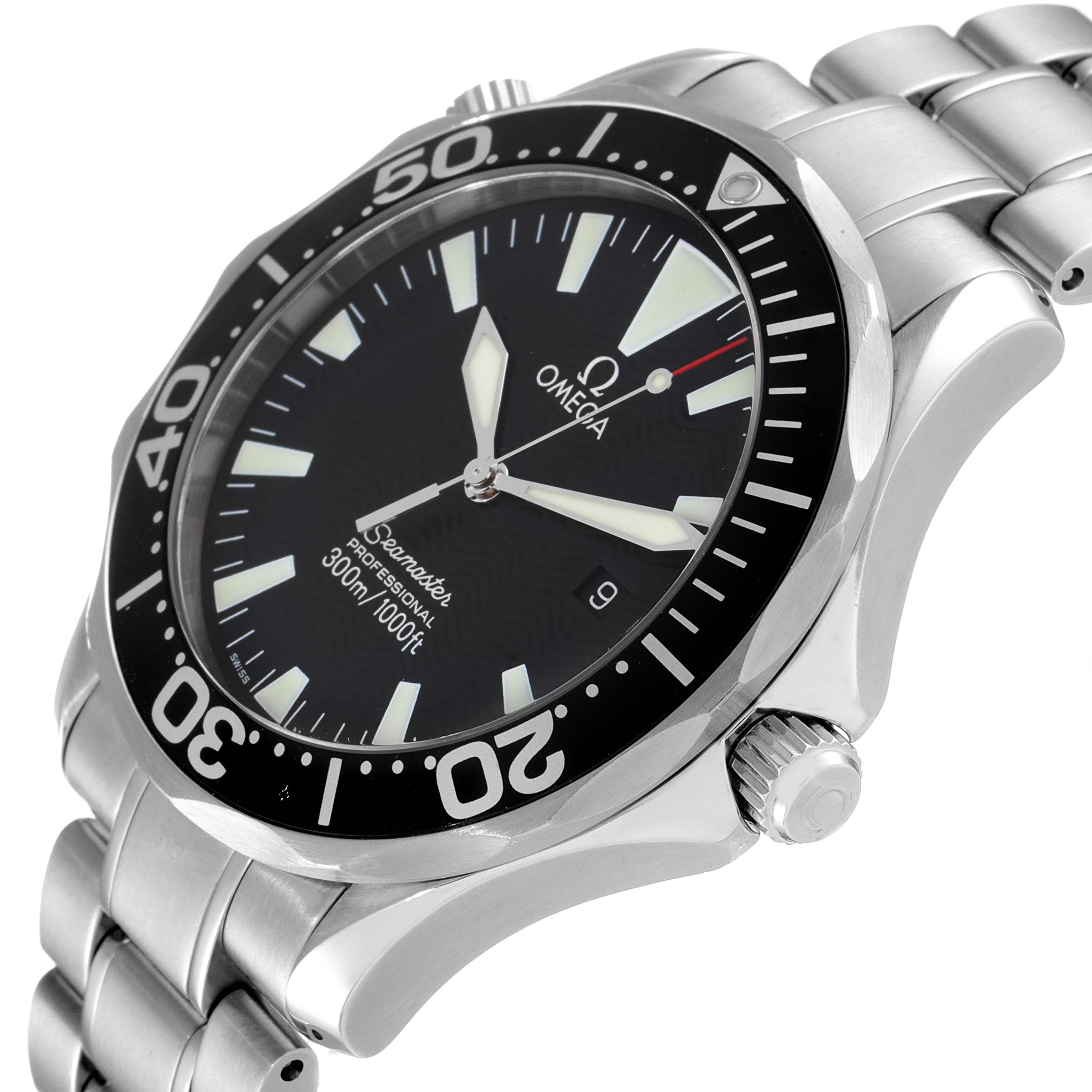 The Omega Seamaster 2264.50.00 Men's Stainless Steel Black Dial 2264.50.00 Men's Stainless Steel Black Dial watch is shown at a slight angle, displaying the face, bezel, dial, and metal bracelet.