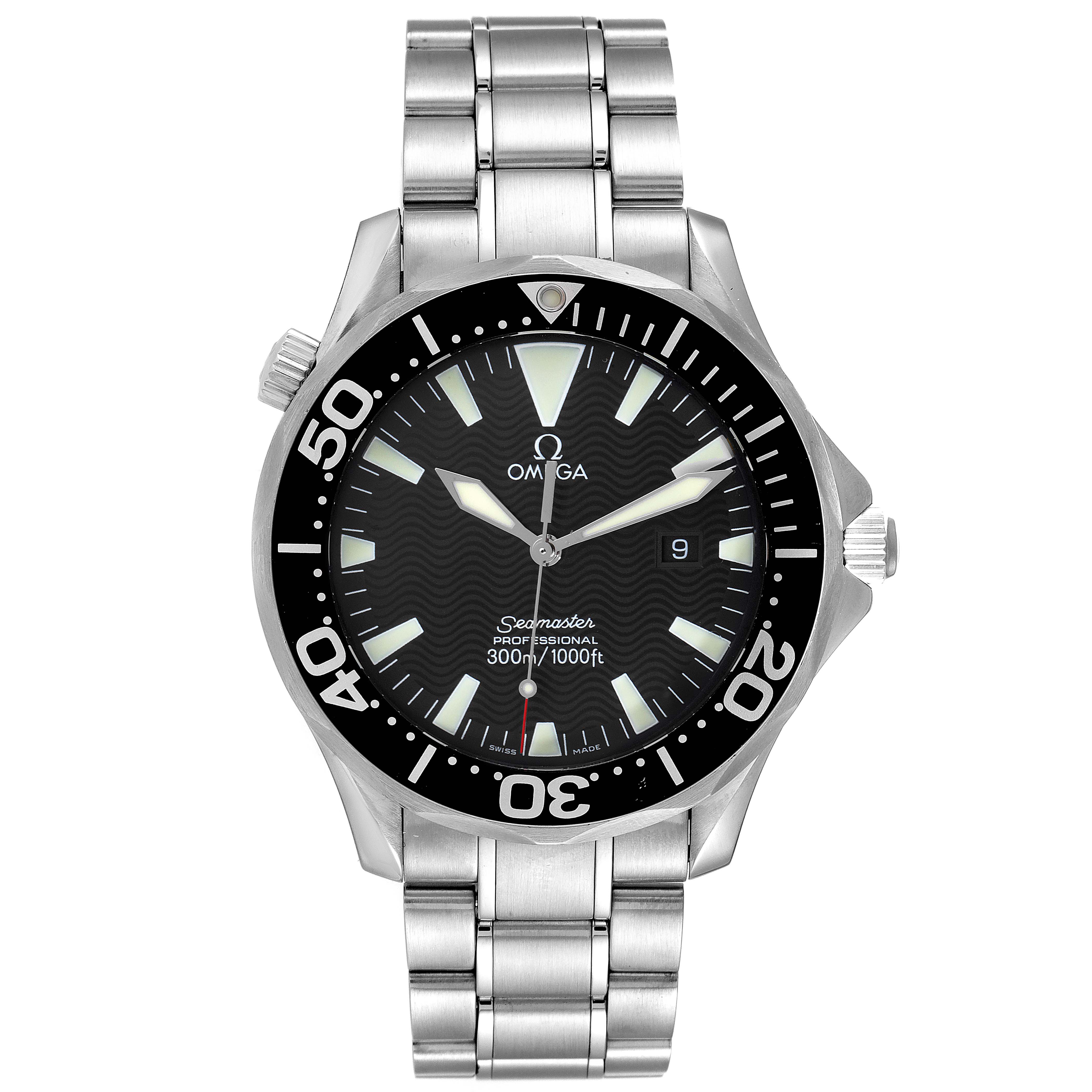 The image shows a frontal view of the Omega Seamaster 2264.50.00 Men's Stainless Steel Black Dial 2264.50.00 Men's Stainless Steel Black Dial watch, displaying the dial, bezel, and metal bracelet.