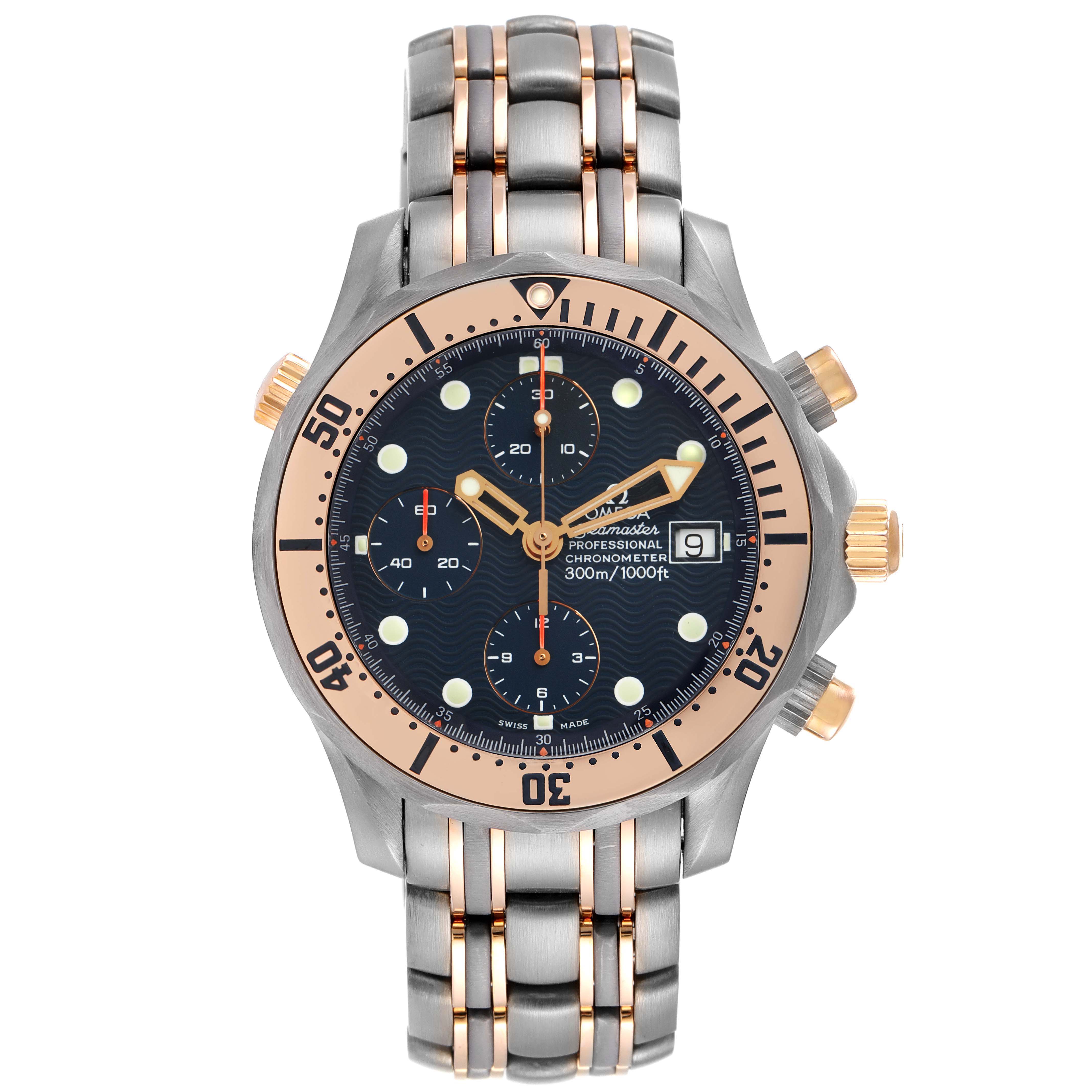 The image shows a front view of an Omega Seamaster 2296.80.00 Men's Titanium Blue Dial 2296.80.00 Men's Titanium Blue Dial watch, displaying the dial, case, bezel, bracelet, and chronograph subdials.