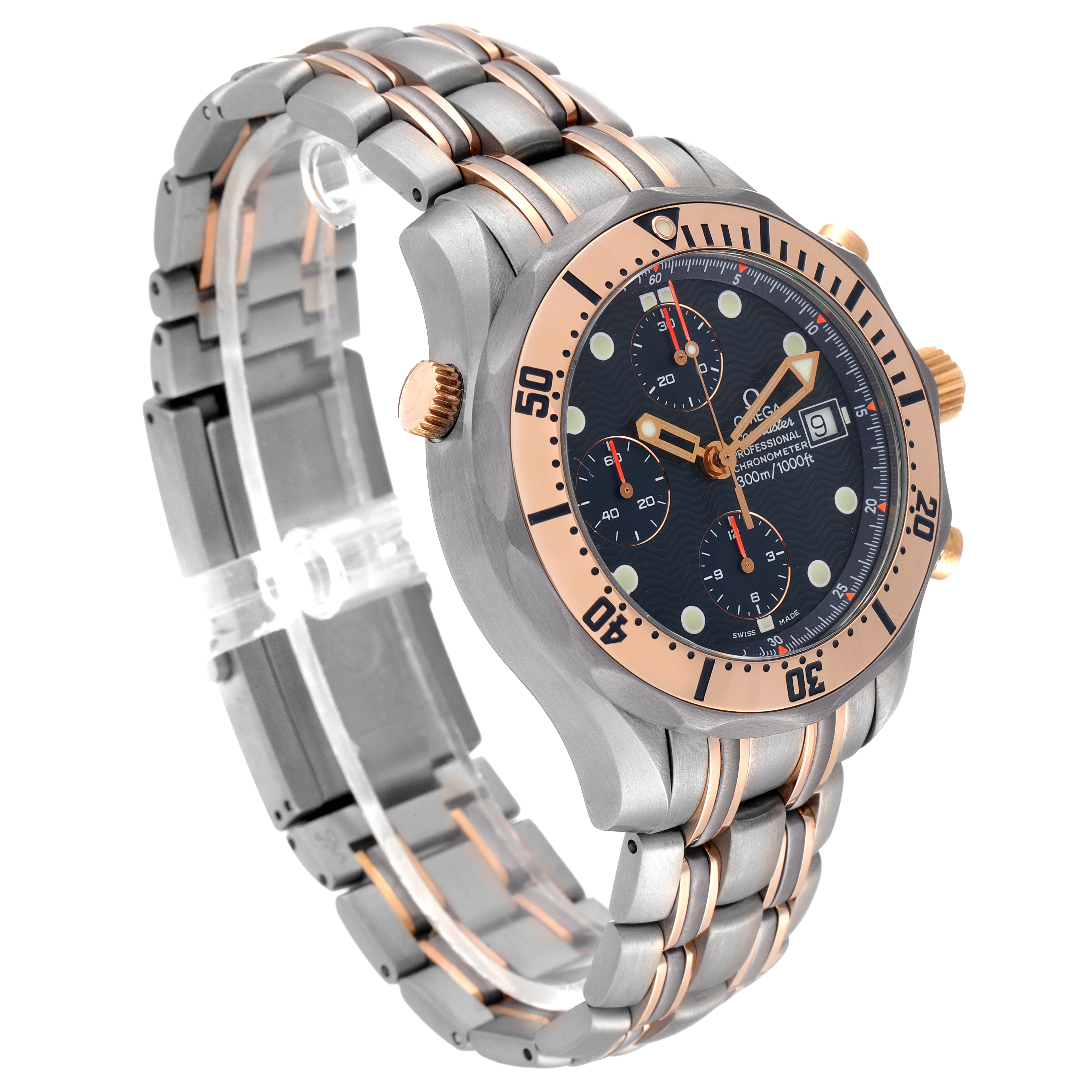 The Omega Seamaster 2296.80.00 Men's Titanium Blue Dial 2296.80.00 Men's Titanium Blue Dial watch is shown at a three-quarter angle, highlighting the bezel, face, crown, and bracelet.
