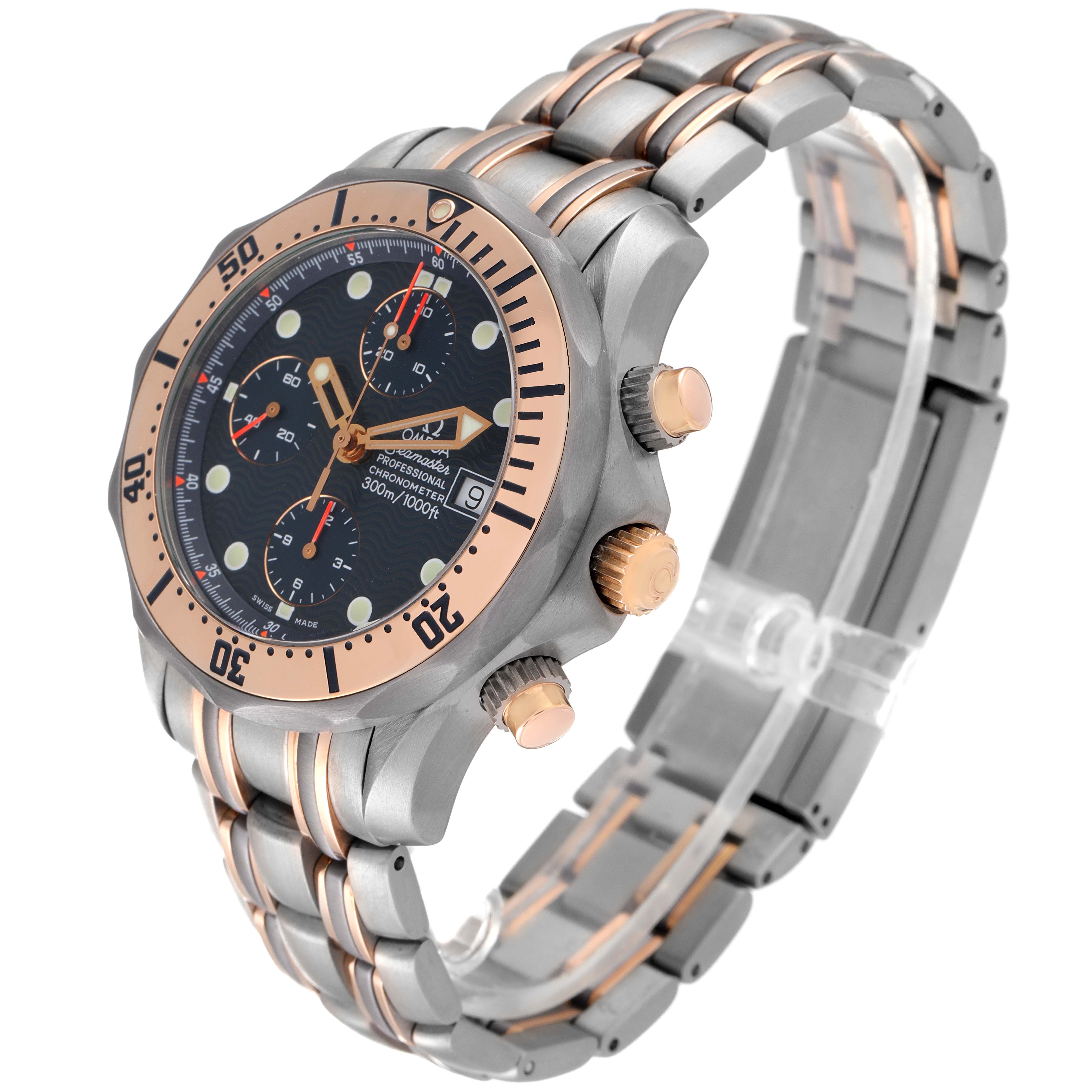 The Omega Seamaster 2296.80.00 Men's Titanium Blue Dial 2296.80.00 Men's Titanium Blue Dial watch is shown at an angled view, highlighting its bezel, case, dial, crown, and bracelet.