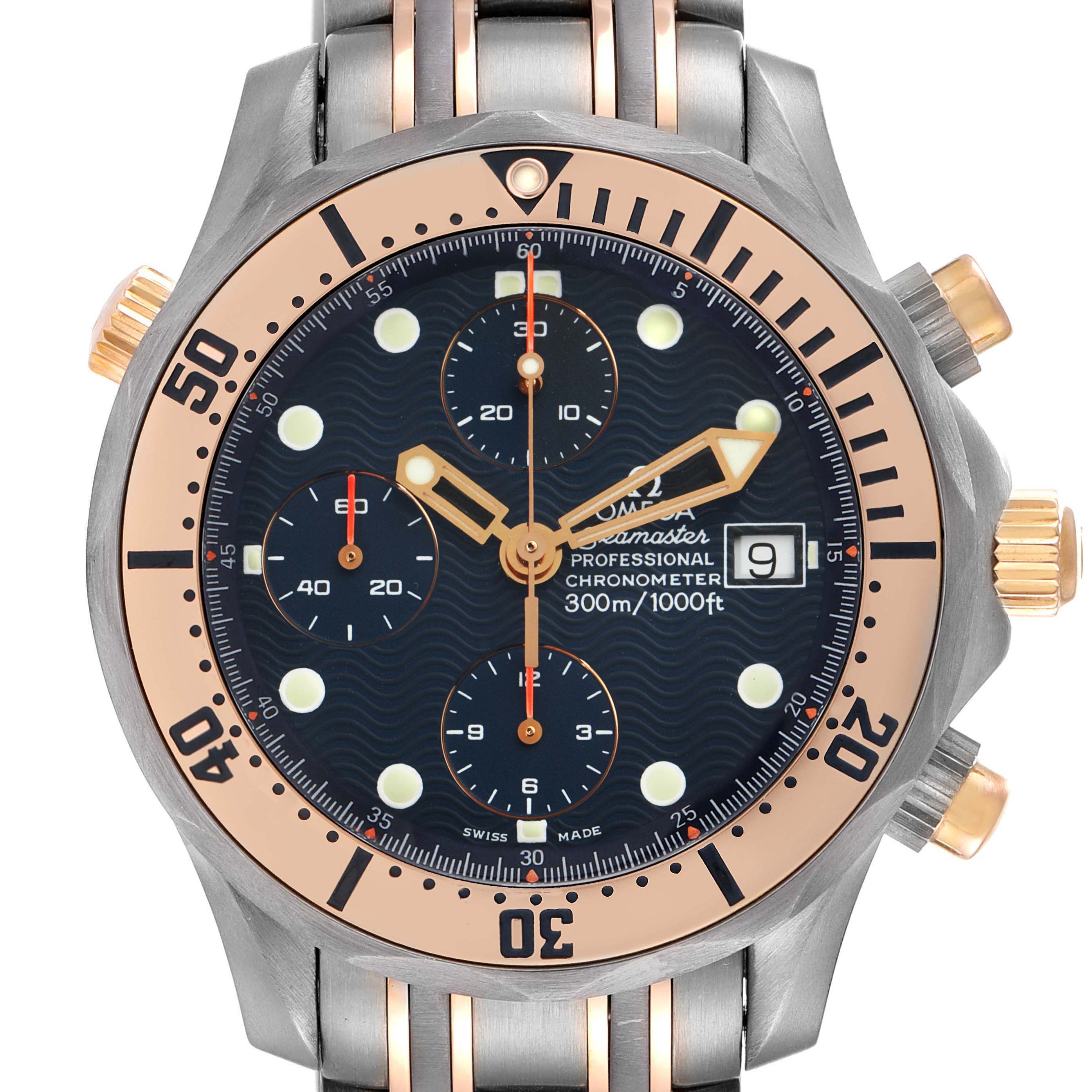 The Omega Seamaster 2296.80.00 Men's Titanium Blue Dial 2296.80.00 Men's Titanium Blue Dial watch is shown from the front, highlighting its dial, bezel, chronograph subdials, and date window.