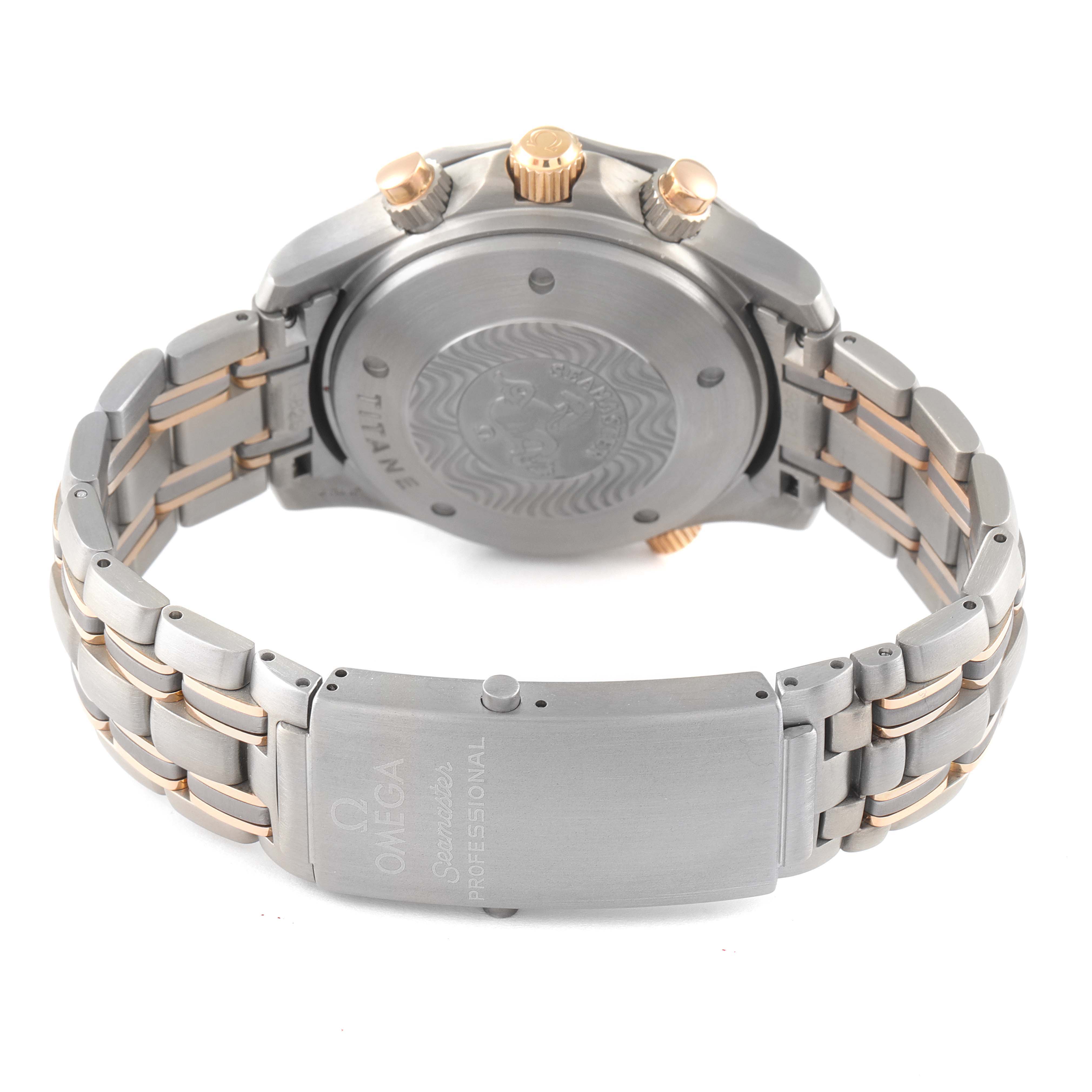 This image shows the back case, clasp, and bracelet of the Omega Seamaster 2296.80.00 Men's Titanium Blue Dial 2296.80.00 Men's Titanium Blue Dial watch, highlighting its metallic finish and engraving.