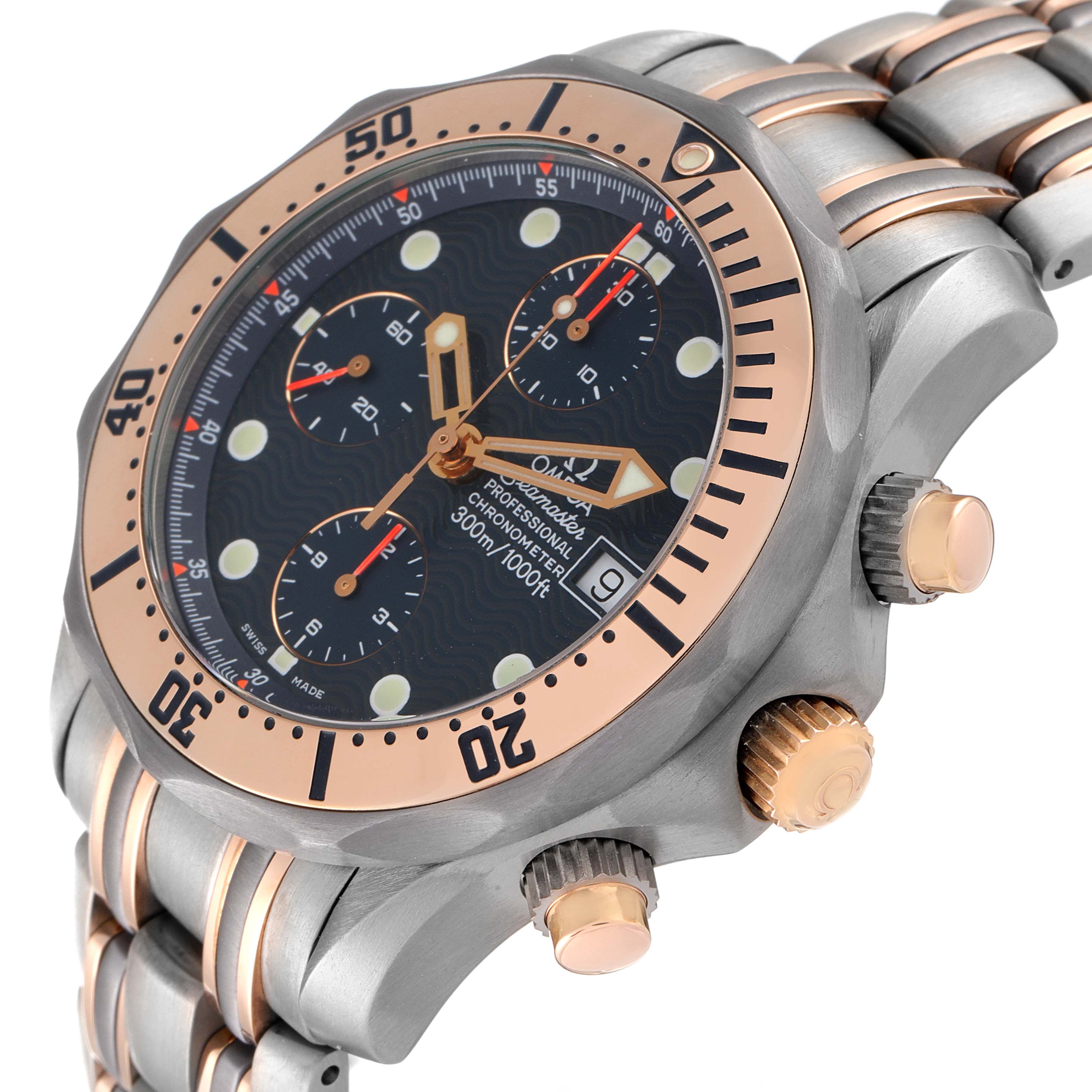 The Omega Seamaster 2296.80.00 Men's Titanium Blue Dial 2296.80.00 Men's Titanium Blue Dial watch is shown at an angle showcasing the face, bezel, crown, and chronograph buttons.