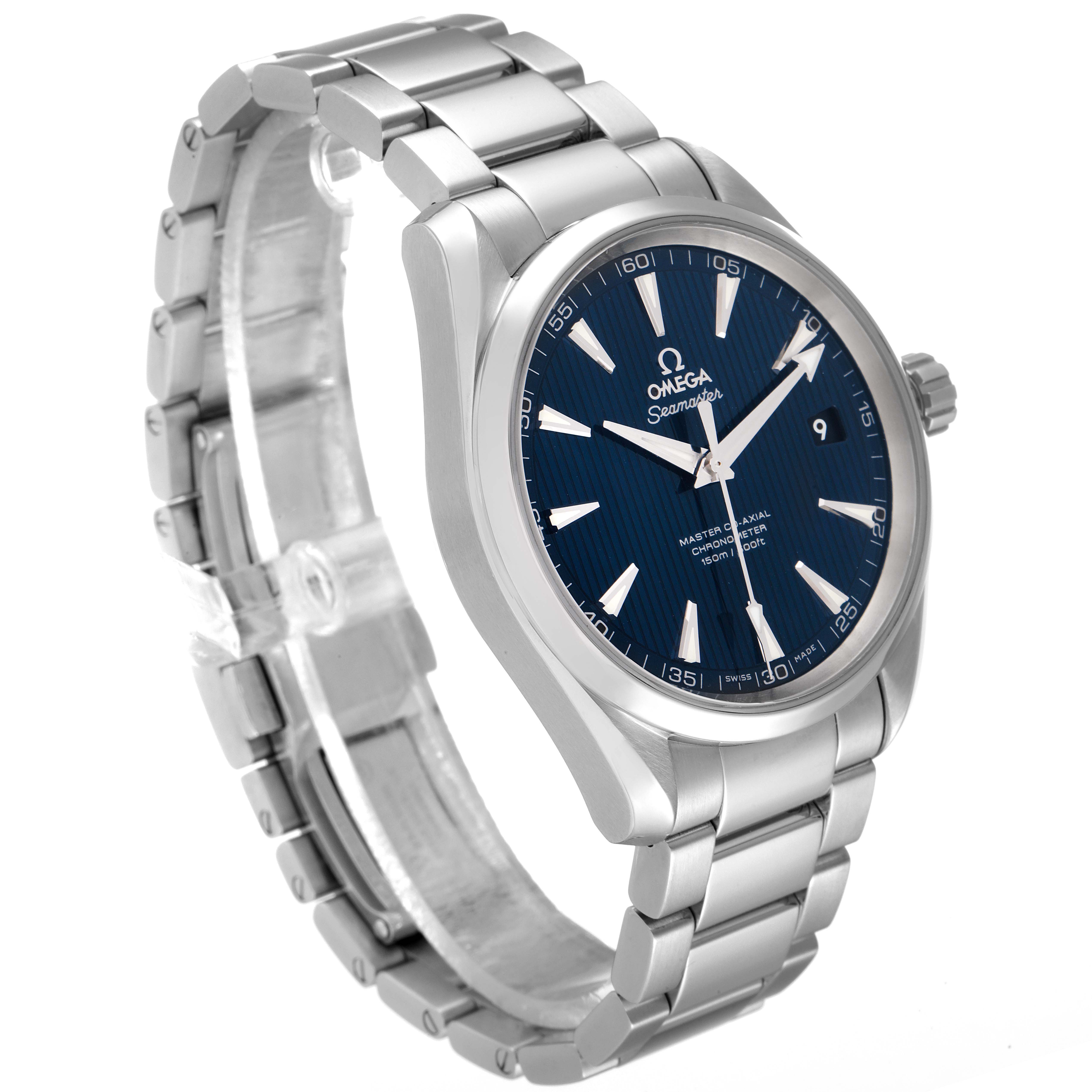 This image shows an Omega Aqua Terra 231.10.42.21.03.003 Men
s Stainless Steel Blue Dial 231.10.42.21.03.003 Men
s Stainless Steel Blue Dial watch at a three-quarter angle, highlighting its face, bezel, crown, and metal bracelet.