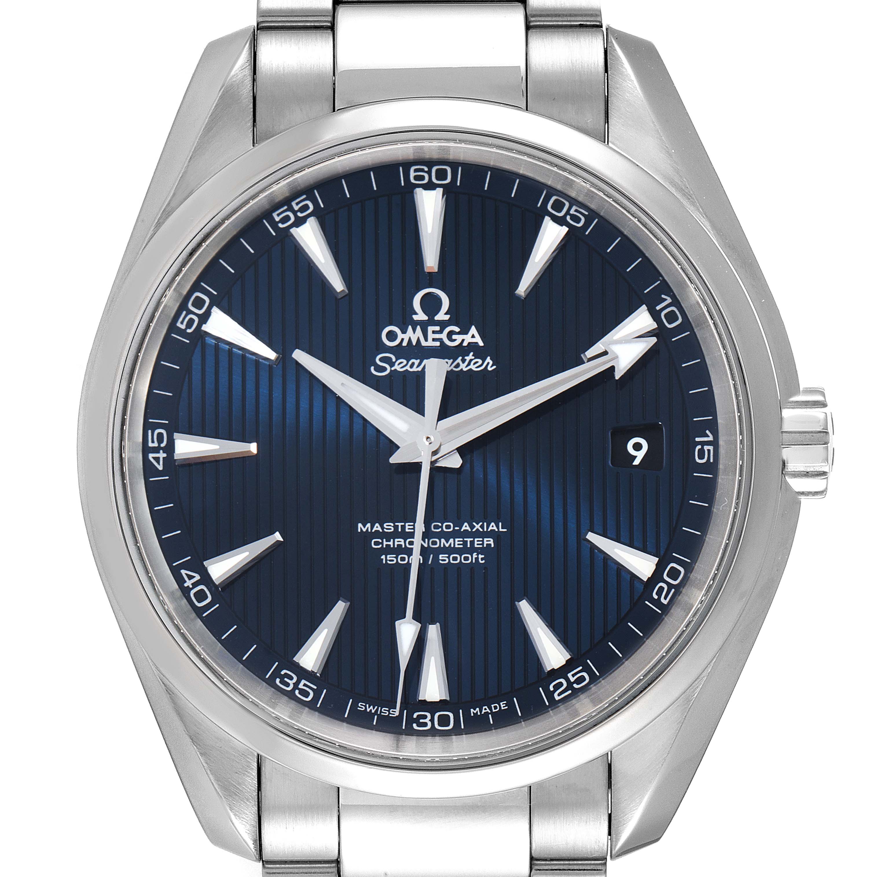 The image shows a frontal view of an Omega Seamaster Aqua Terra watch, highlighting its blue dial, hands, markers, and bracelet.
