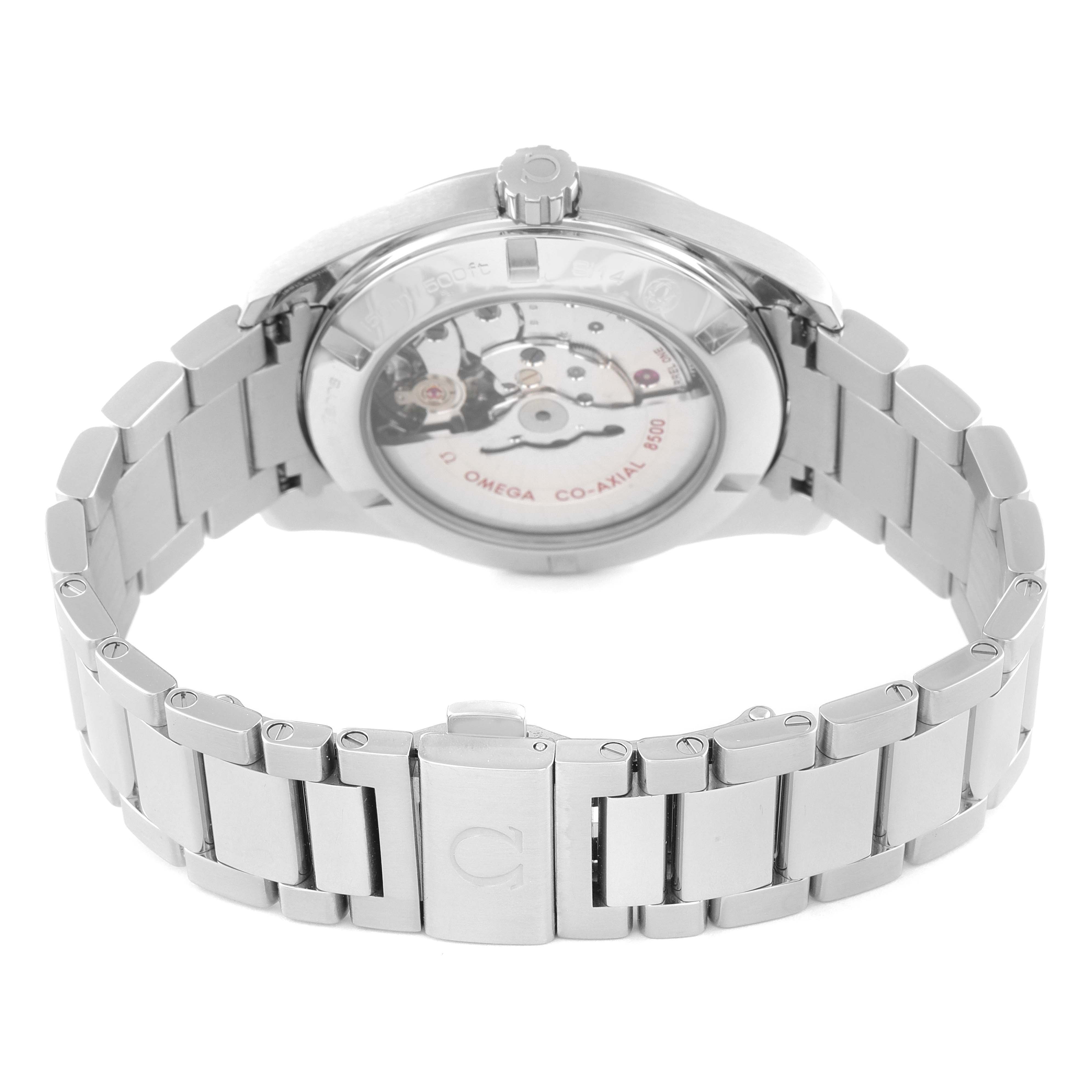 The image shows the back side of the Omega Aqua Terra 231.10.42.21.03.003 Men
s Stainless Steel Blue Dial 231.10.42.21.03.003 Men
s Stainless Steel Blue Dial watch, featuring its stainless steel bracelet and visible mechanical movement.