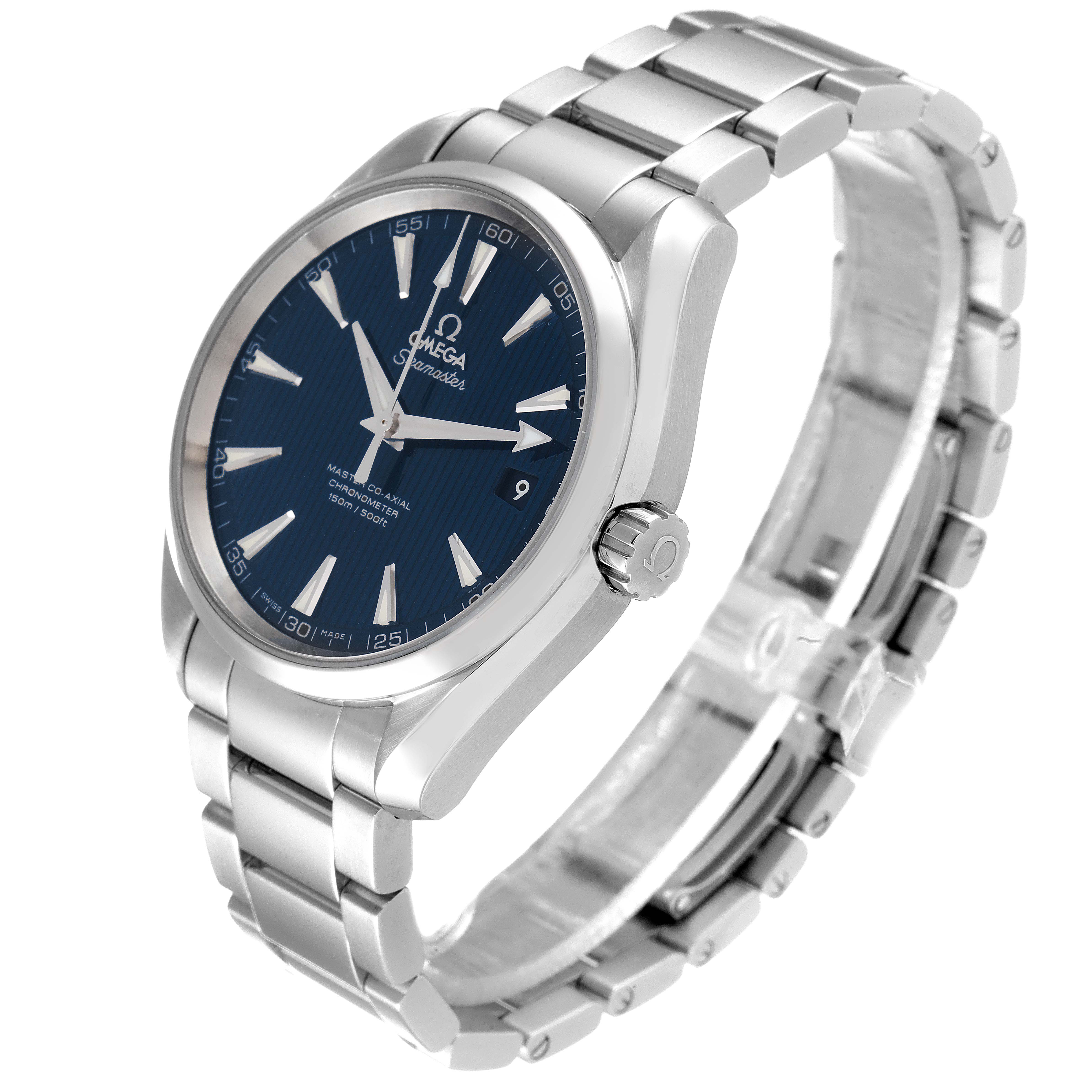 This image shows an Omega Aqua Terra 231.10.42.21.03.003 Men
s Stainless Steel Blue Dial 231.10.42.21.03.003 Men
s Stainless Steel Blue Dial watch from a three-quarter angle, highlighting the blue dial, stainless steel case, and bracelet.