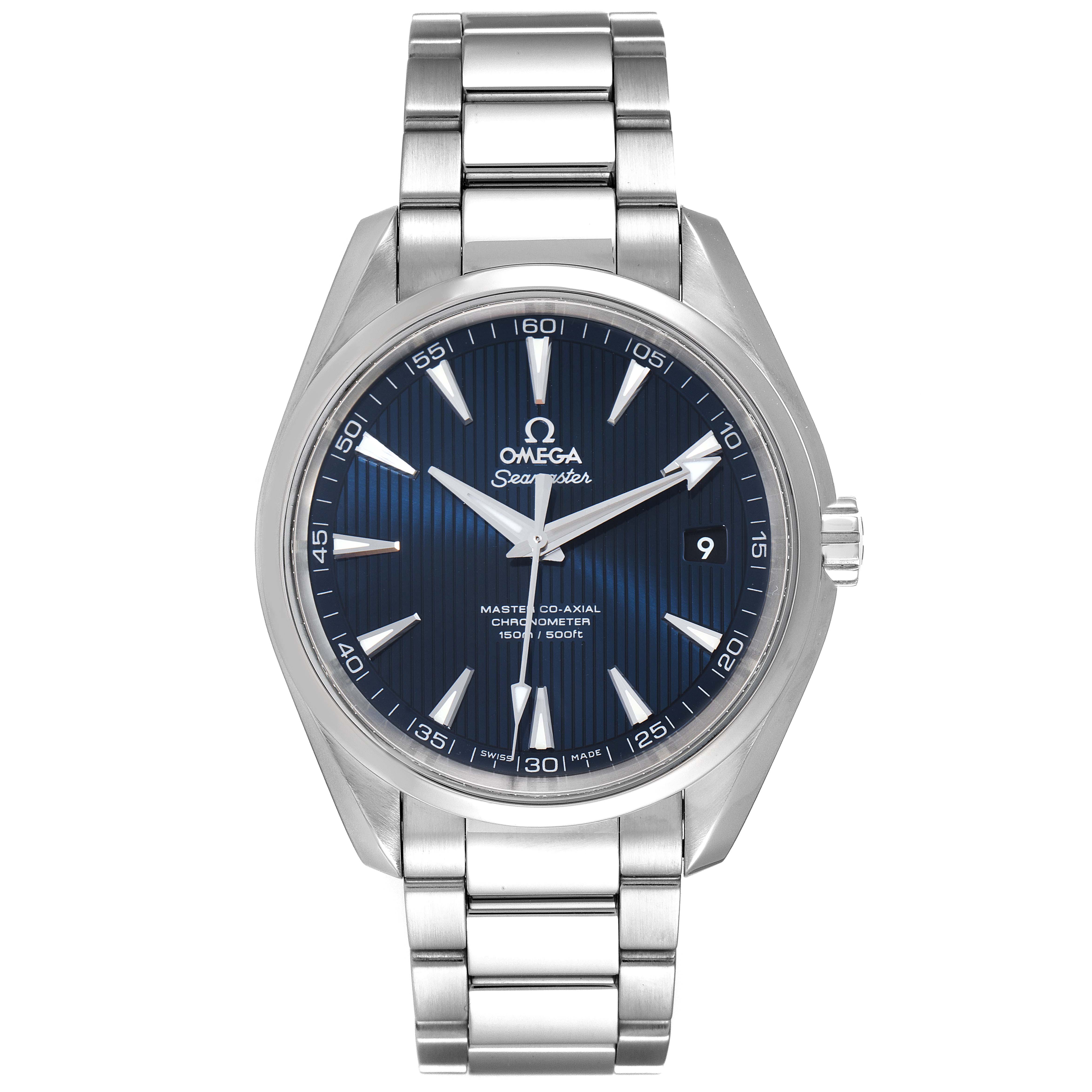 The Omega Aqua Terra 231.10.42.21.03.003 Men
s Stainless Steel Blue Dial 231.10.42.21.03.003 Men
s Stainless Steel Blue Dial watch is shown from a front angle, displaying its face, bezel, crown, and bracelet.