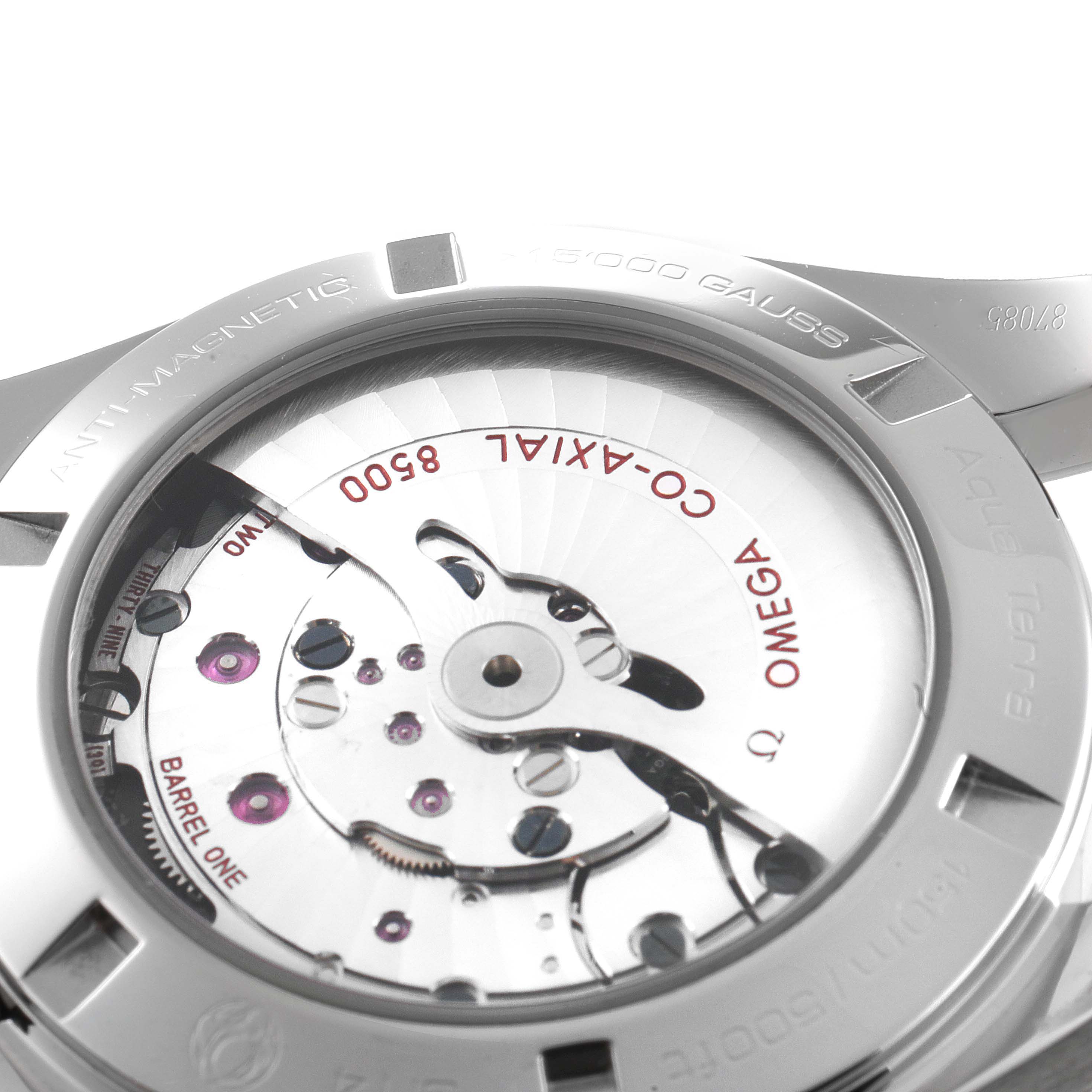 This image shows the back view of the Omega Aqua Terra 231.10.42.21.03.003 Men
s Stainless Steel Blue Dial 231.10.42.21.03.003 Men
s Stainless Steel Blue Dial watch, highlighting its Co-Axial 8500 movement and anti-magnetic features.