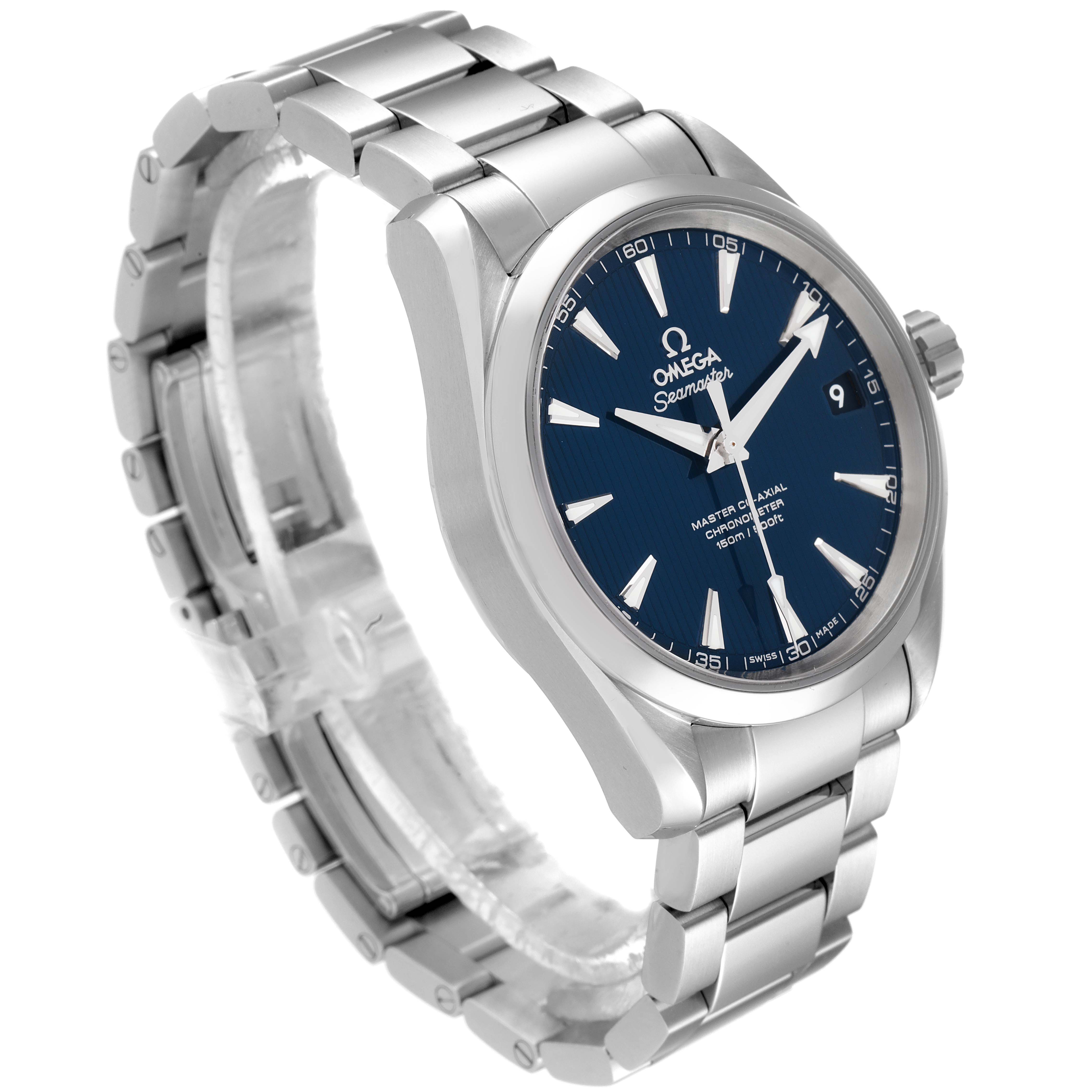 The Omega Aqua Terra 231.10.39.21.03.002 Men's Stainless Steel Blue Dial 231.10.39.21.03.002 Men's Stainless Steel Blue Dial watch is shown at a three-quarter angle, highlighting its blue dial and stainless steel bracelet.