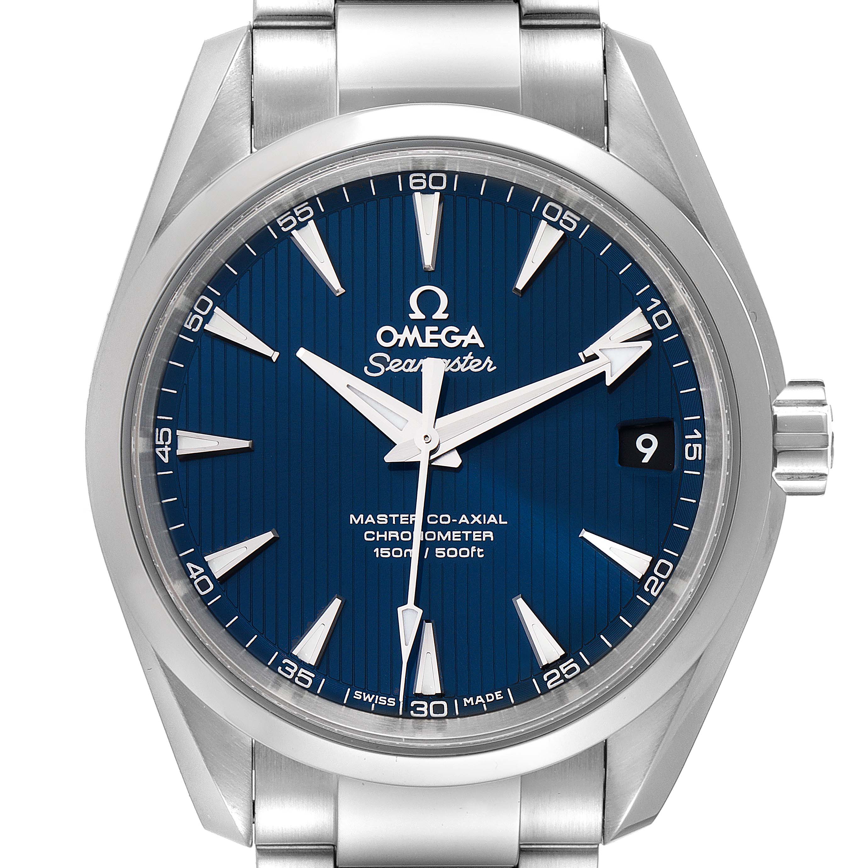 This image shows an Omega Aqua Terra 231.10.39.21.03.002 Men's Stainless Steel Blue Dial 231.10.39.21.03.002 Men's Stainless Steel Blue Dial watch from a front angle, highlighting its blue dial, hands, markers, and metal bracelet.