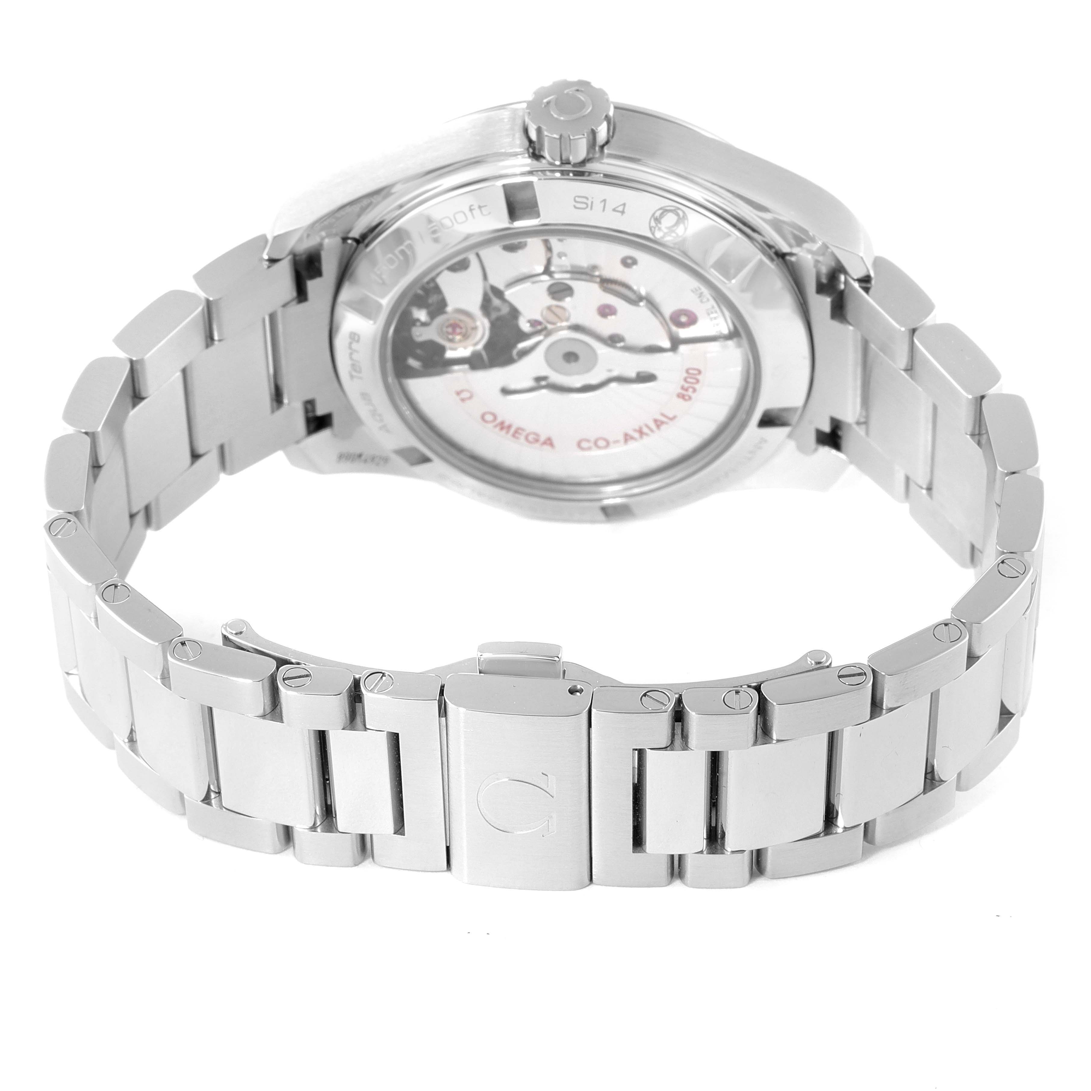 This image shows the back view of an Omega Aqua Terra 231.10.39.21.03.002 Men's Stainless Steel Blue Dial 231.10.39.21.03.002 Men's Stainless Steel Blue Dial watch, highlighting its Co-Axial movement and stainless steel bracelet.