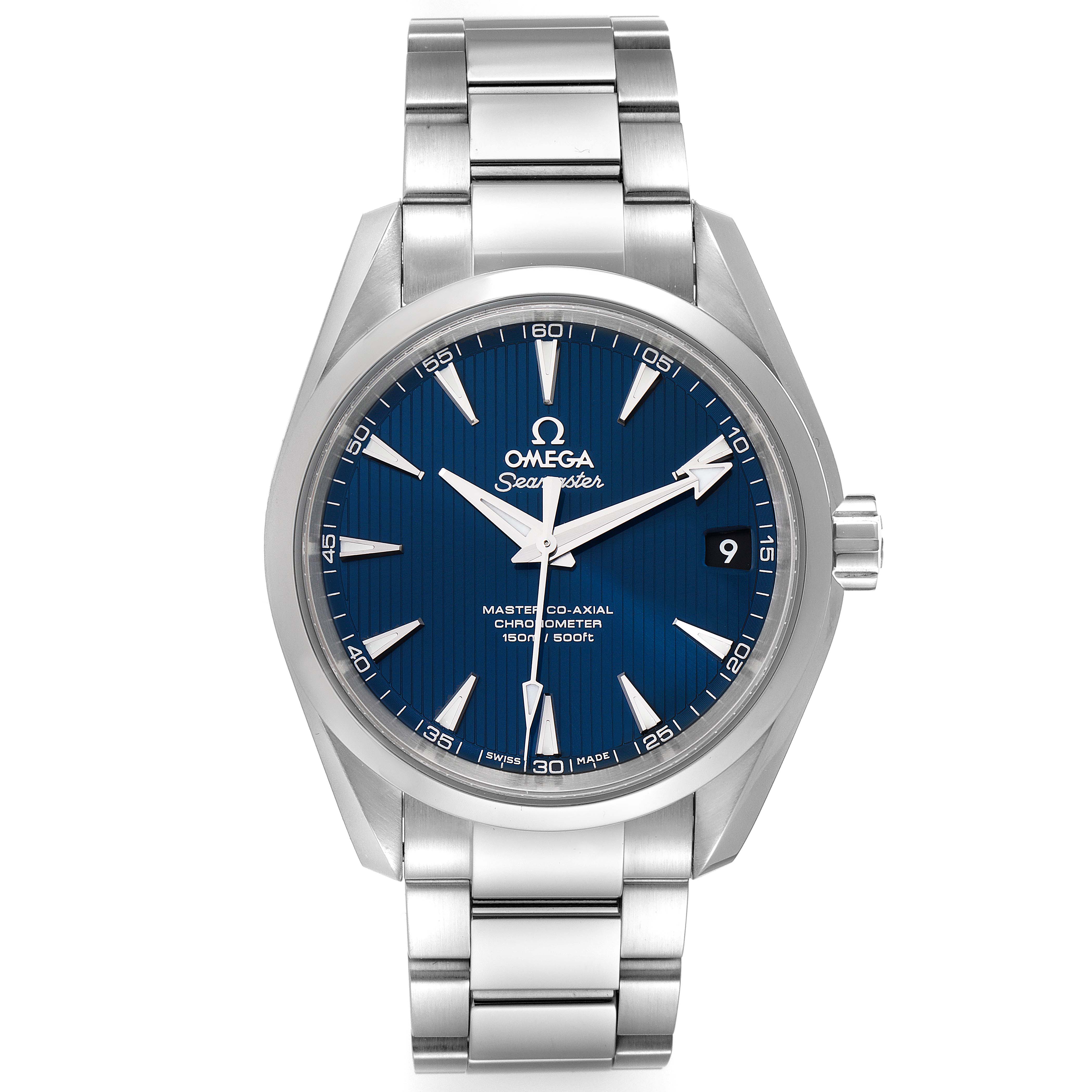 A front view of the Omega Aqua Terra 231.10.39.21.03.002 Men's Stainless Steel Blue Dial 231.10.39.21.03.002 Men's Stainless Steel Blue Dial watch showing its blue dial, metal bracelet, and crown.