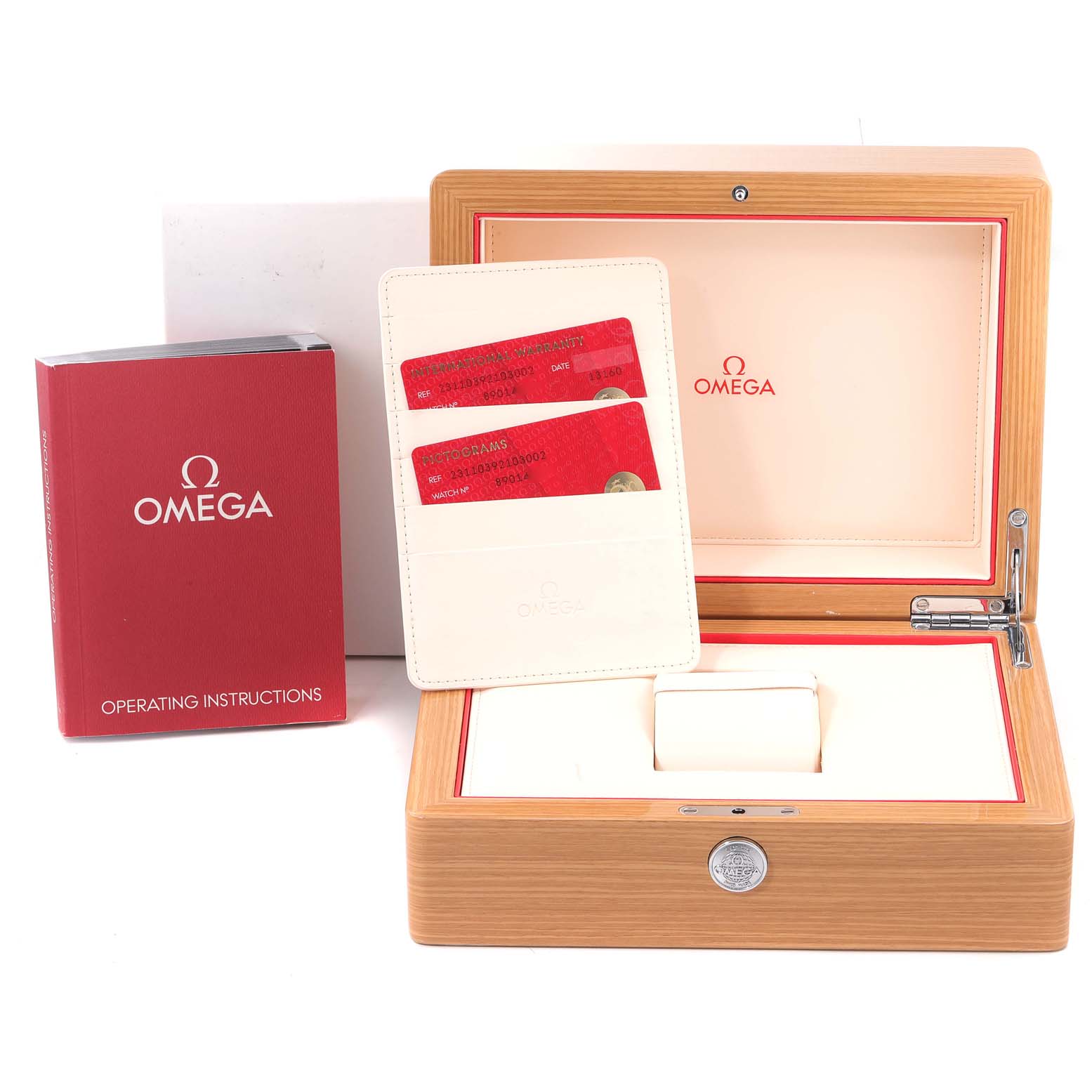 The image shows an Omega Aqua Terra 231.10.39.21.03.002 Men's Stainless Steel Blue Dial 231.10.39.21.03.002 Men's Stainless Steel Blue Dial watch box, operating instructions, and certification cards.