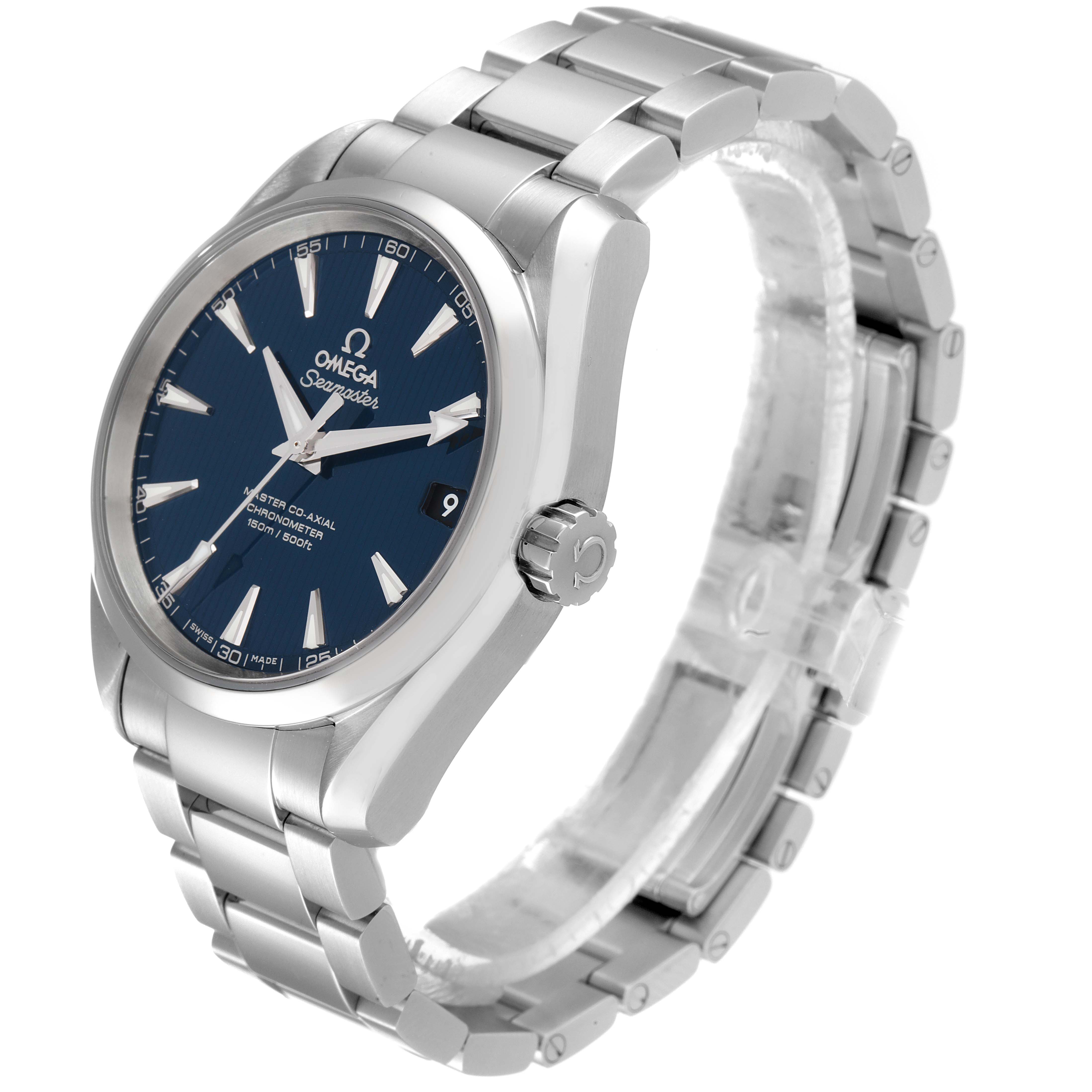 The Omega Aqua Terra 231.10.39.21.03.002 Men's Stainless Steel Blue Dial 231.10.39.21.03.002 Men's Stainless Steel Blue Dial watch is shown at an angled front view, displaying the face, bezel, crown, and part of the bracelet.