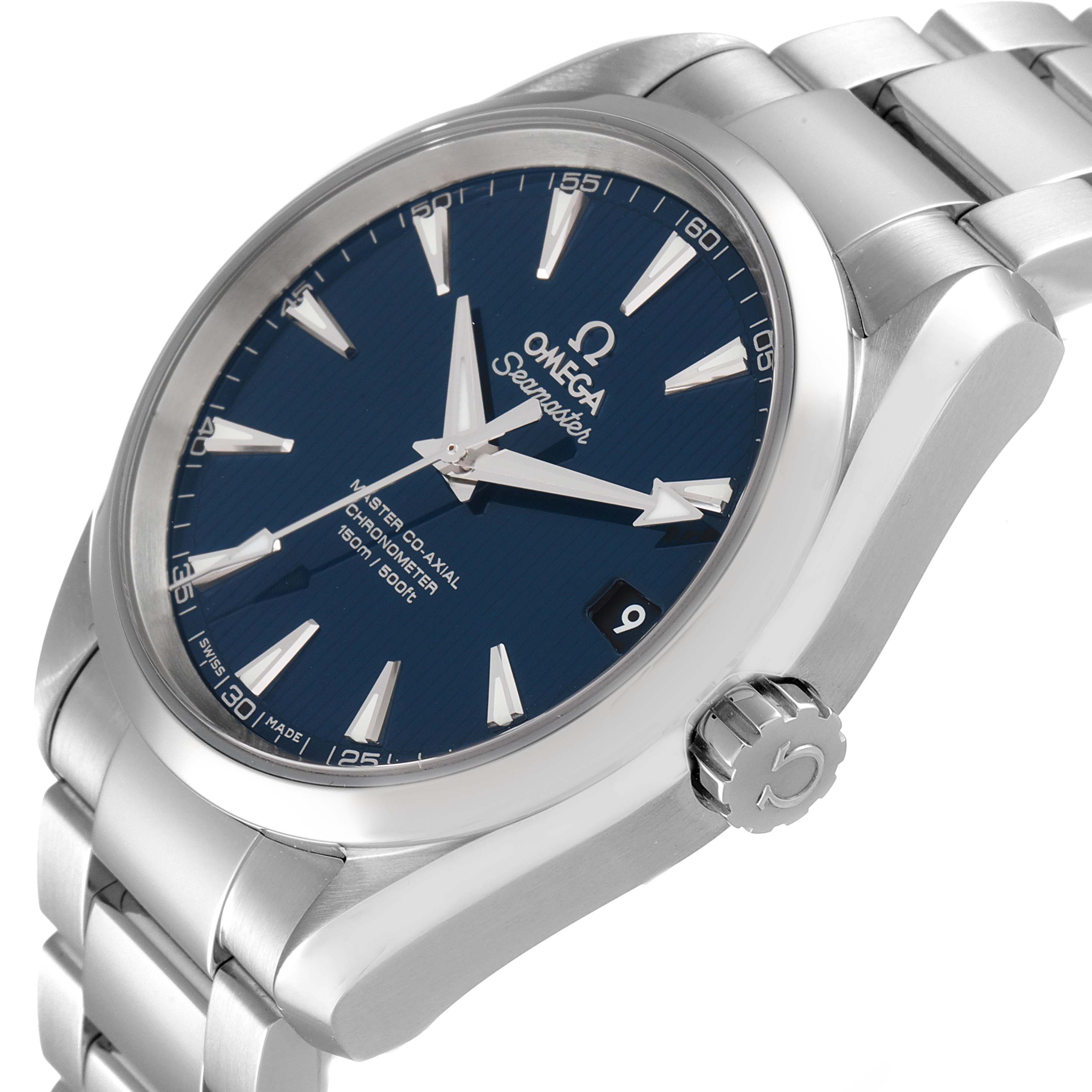 The image shows an Omega Aqua Terra 231.10.39.21.03.002 Men's Stainless Steel Blue Dial 231.10.39.21.03.002 Men's Stainless Steel Blue Dial watch at an angle highlighting the face, bezel, crown, and part of the bracelet.
