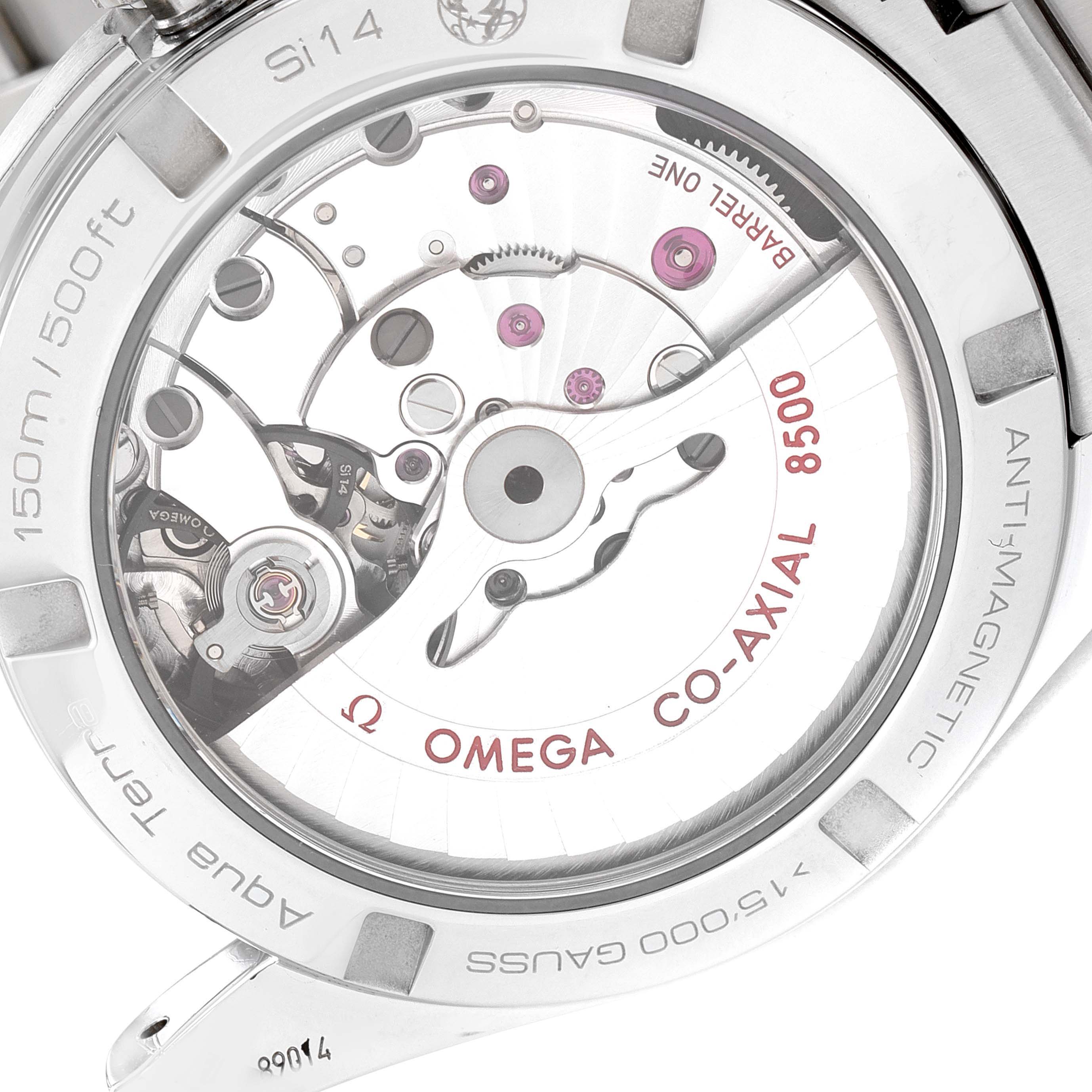 This image shows the back view of the Omega Aqua Terra 231.10.39.21.03.002 Men's Stainless Steel Blue Dial 231.10.39.21.03.002 Men's Stainless Steel Blue Dial watch, highlighting its Co-Axial 8500 movement.