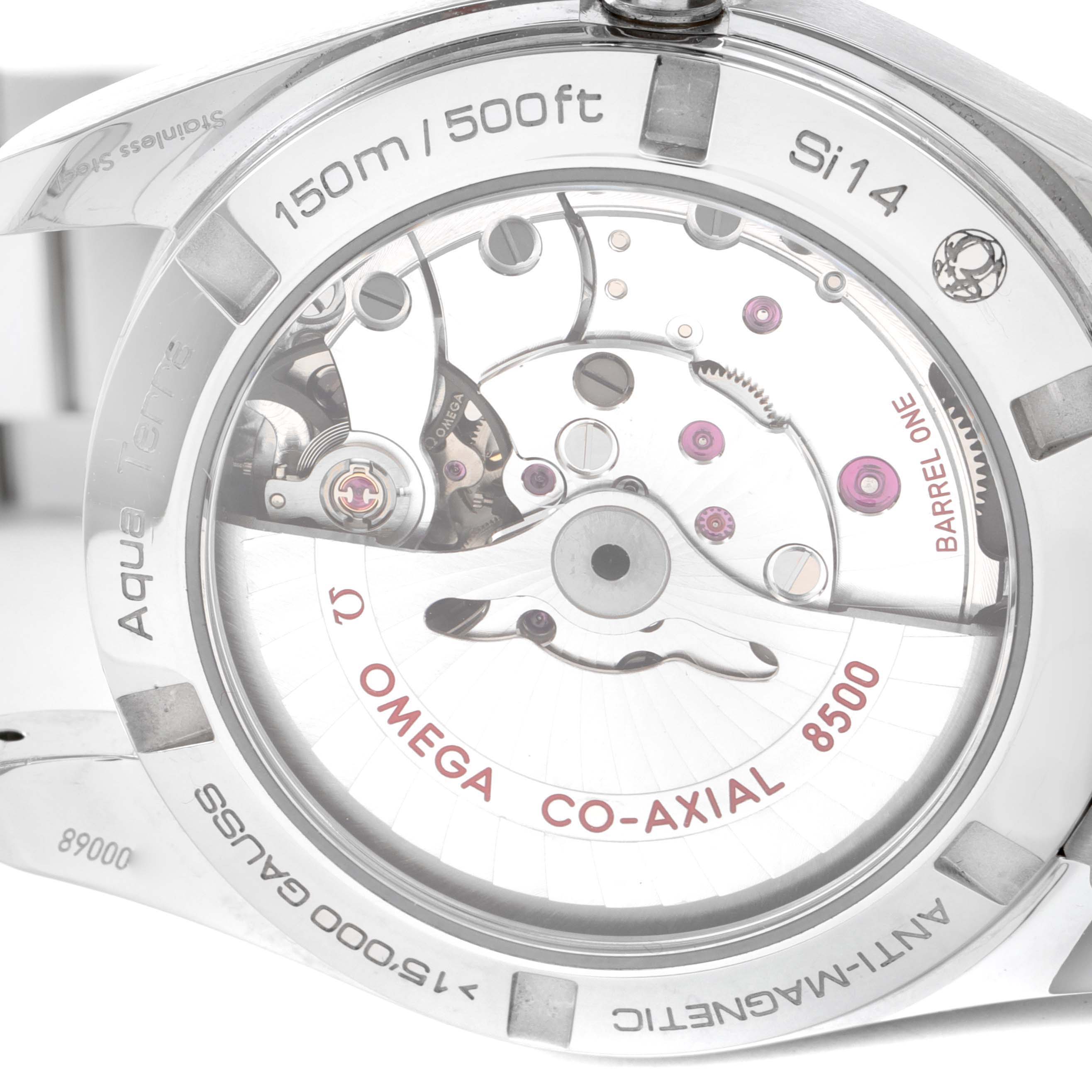 This image shows the back of the Omega Aqua Terra 231.10.39.21.01.002 Men's Stainless Steel Black Dial 231.10.39.21.01.002 Men's Stainless Steel Black Dial watch, highlighting the co-axial movement and its internal components.