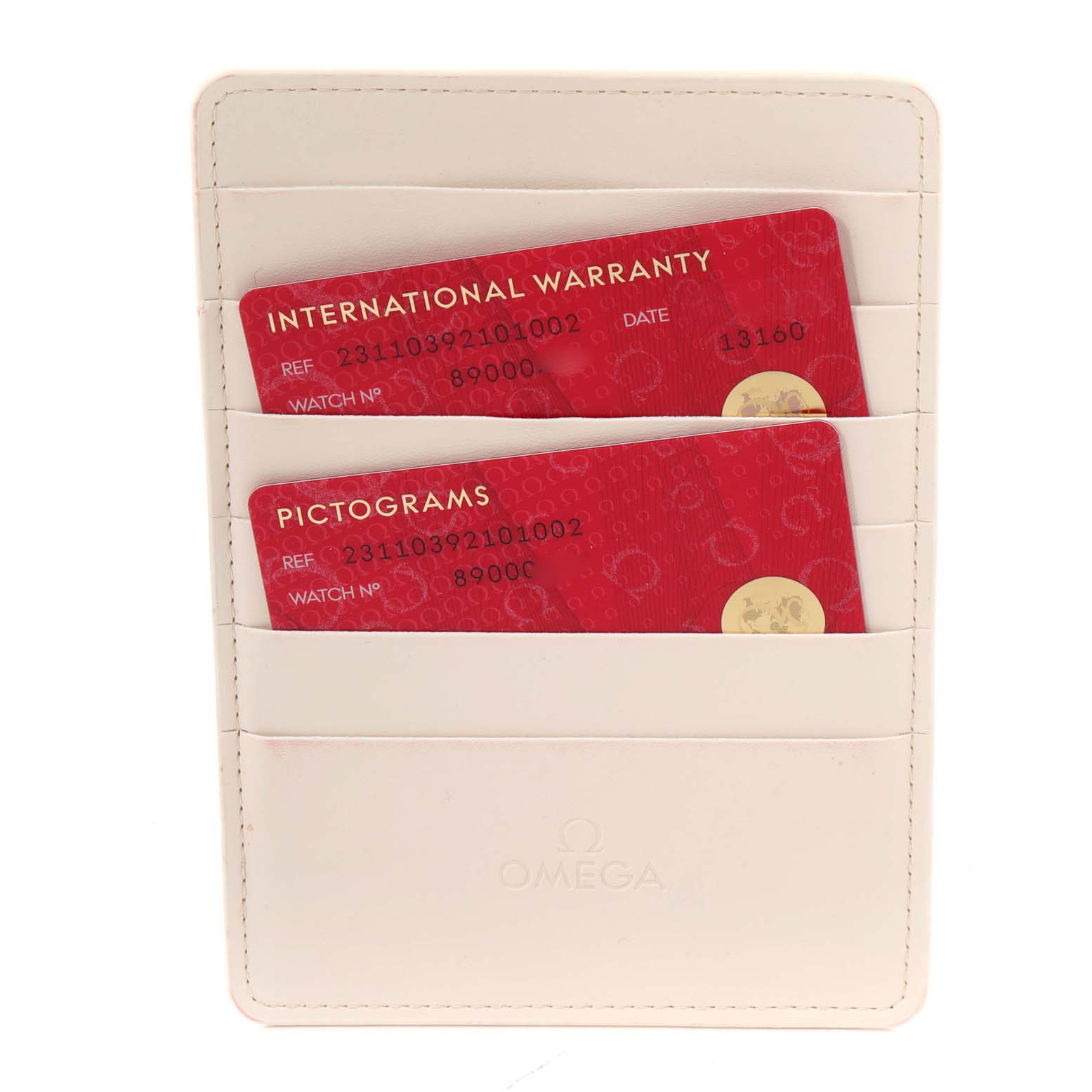 This image shows the warranty and pictogram cards for an Omega Aqua Terra 231.10.39.21.01.002 Men's Stainless Steel Black Dial 231.10.39.21.01.002 Men's Stainless Steel Black Dial model, housed in a cream cardholder.